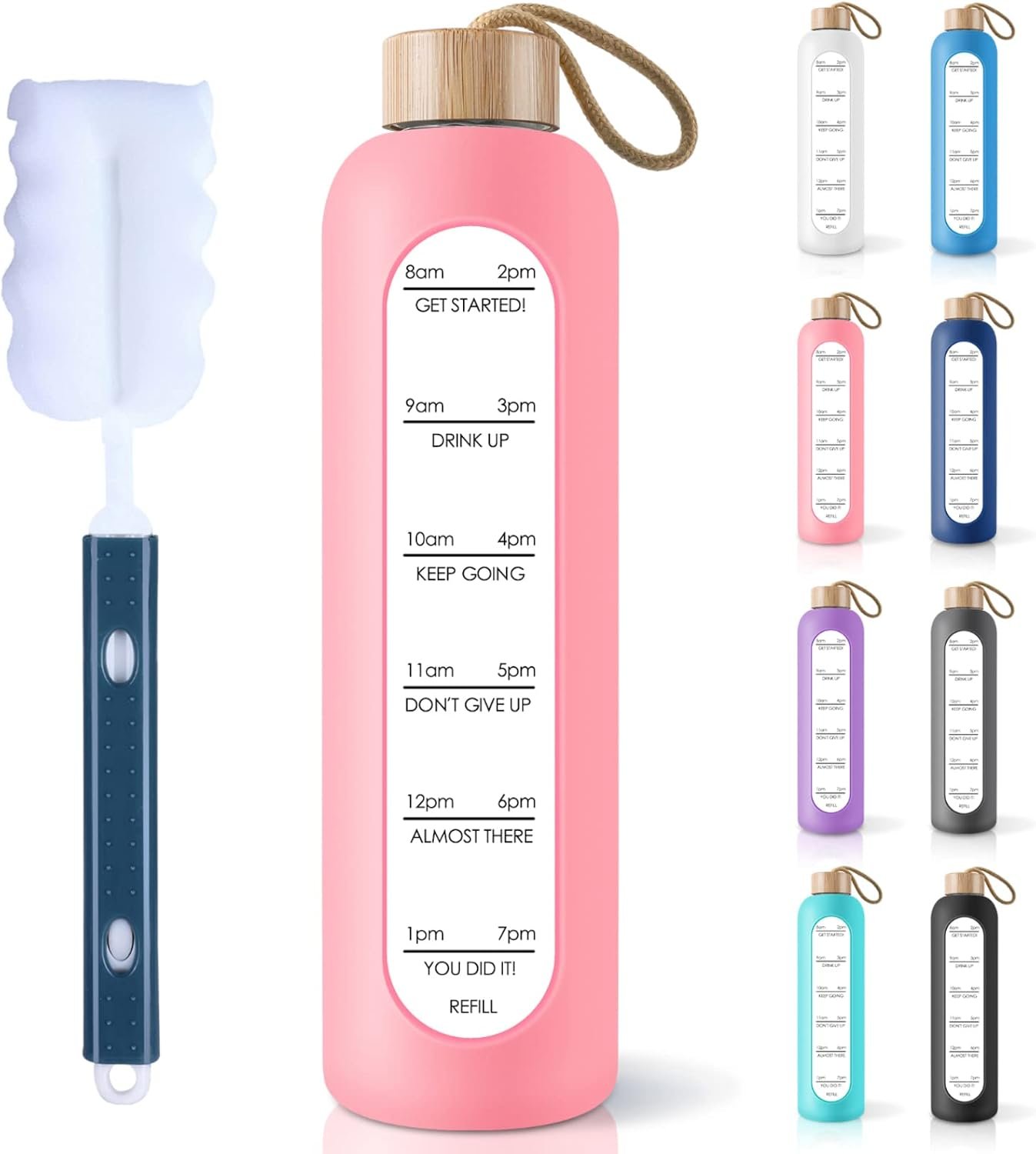 PROBTTL 32 Oz Borosilicate Glass Water Bottle with Time Marker Reminder Quotes, 1 Liter Leak Proof Reusable BPA Free Motivational Water Bottles with Silicone Sleeve and Bamboo Lid (Pink)