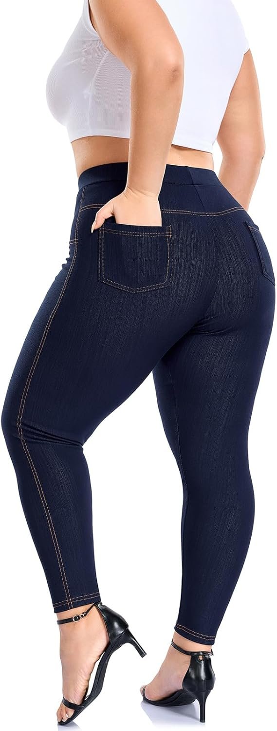 Jeggings for Women High Waist Tummy Control Jeans Leggings Plus Size Pull on Stretchy Denim Pants with Pockets(XL-4XL)
