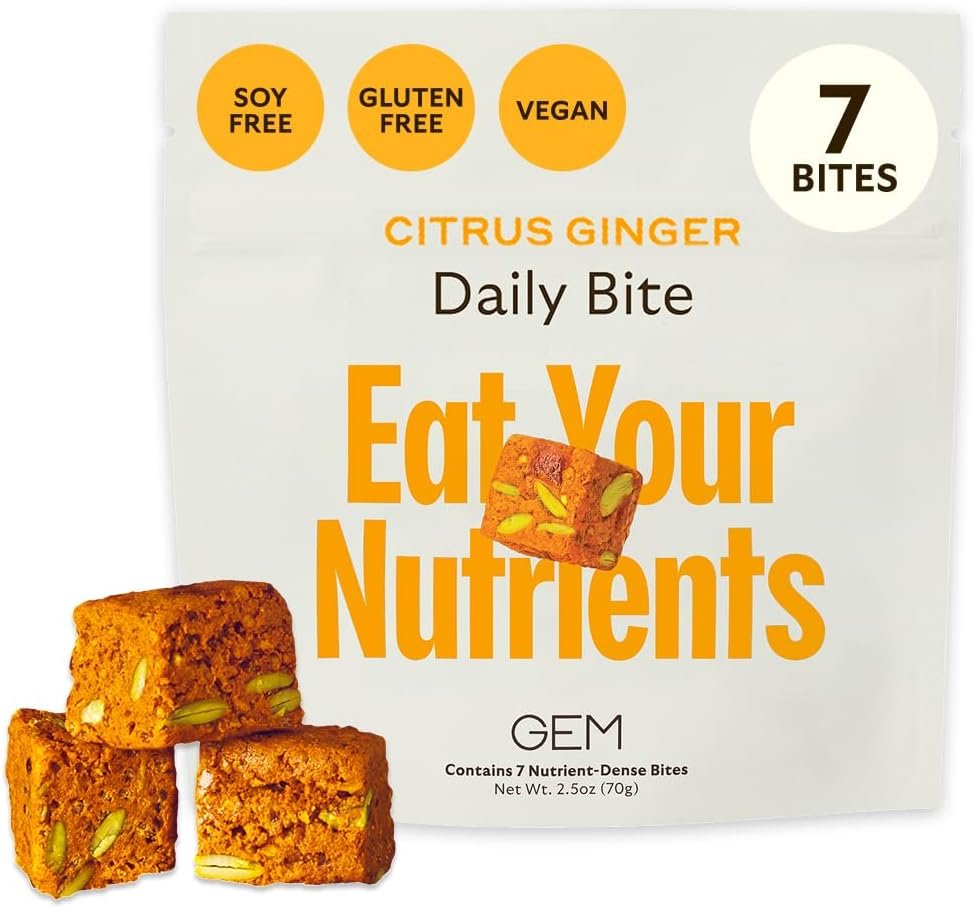 GEM Daily Bite for Women & Men, with 20+ Vitamins, Minerals, & Superfoods Like Zinc, Vitamin D, B-Complex, K, Turmeric, Fiber & Prebiotics, Beta Glucan GLP-1 Support & Immunity (Citrus Ginger,7 count)