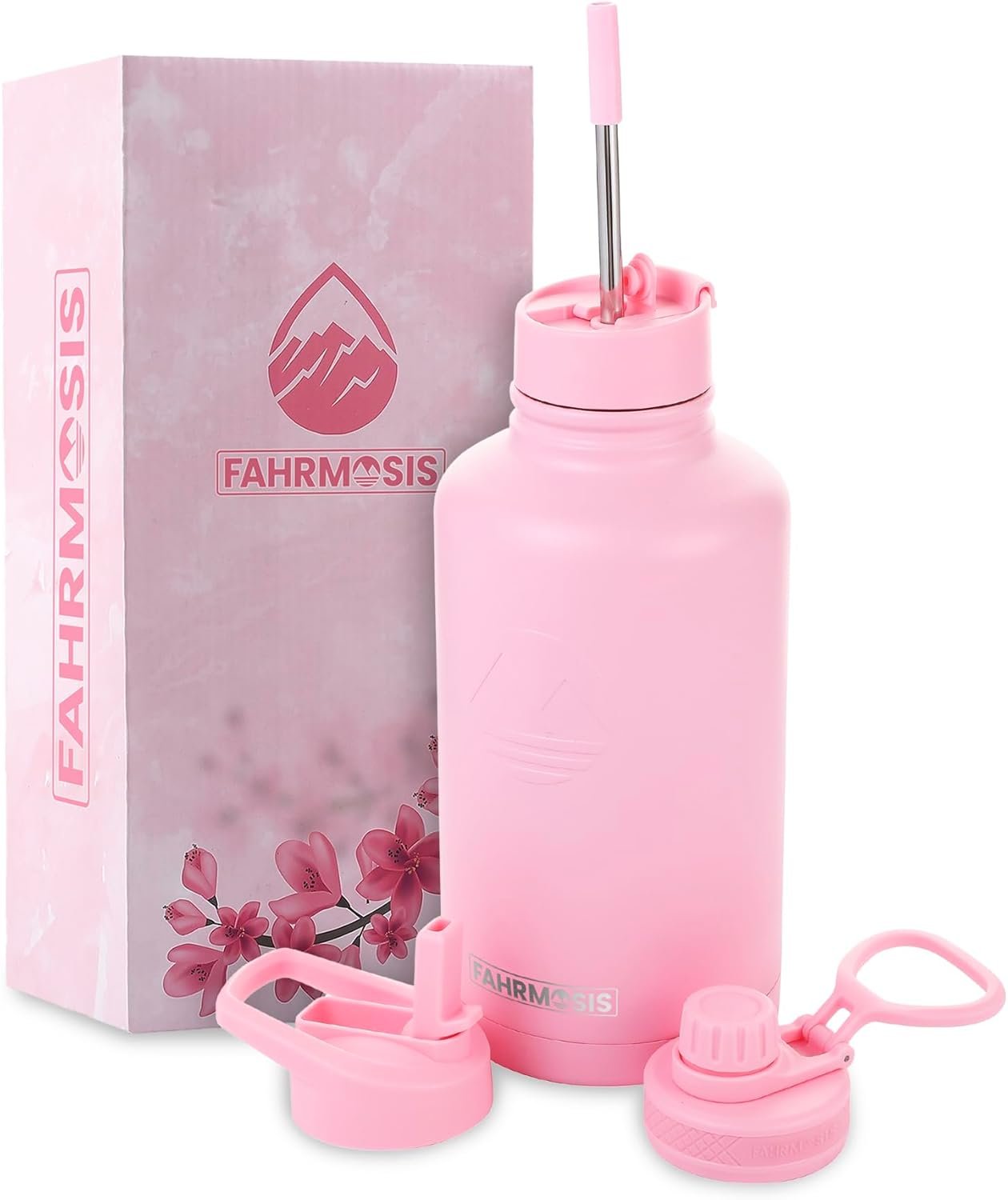 FAHRMOSIS 64 Oz Water Bottle with Straw Stainless Steel Sports Water Bottle with 3 Lids (Straw, Chug and Flip Lid) Leak Proof Metal Half Gallon Jug for Men & Women – Pink