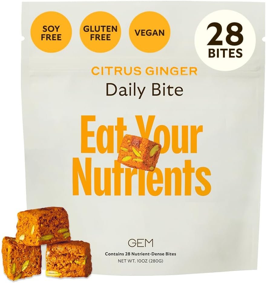 GEM Daily Bite for Women & Men, with 20+ Vitamins, Minerals & Superfoods Like Zinc, Vitamin D, B-Complex, K, Turmeric, Fiber & Prebiotics, Beta Glucan GLP-1 Support & Immunity (Citrus Ginger,28 count)