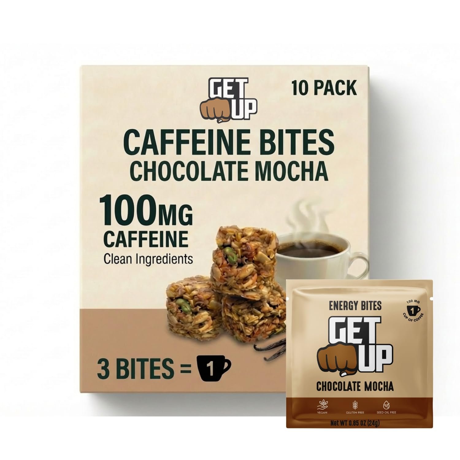 GetUp – Caffeinated Granola Bites – Chocolate Mocha (10 Pack) – 100mg Caffeine Energy Bites – Gluten-Free, 0 Seed Oils, All Natural – Coffee Alternative – Pre-Workout – Low Sugar Energy – Individually Wrapped