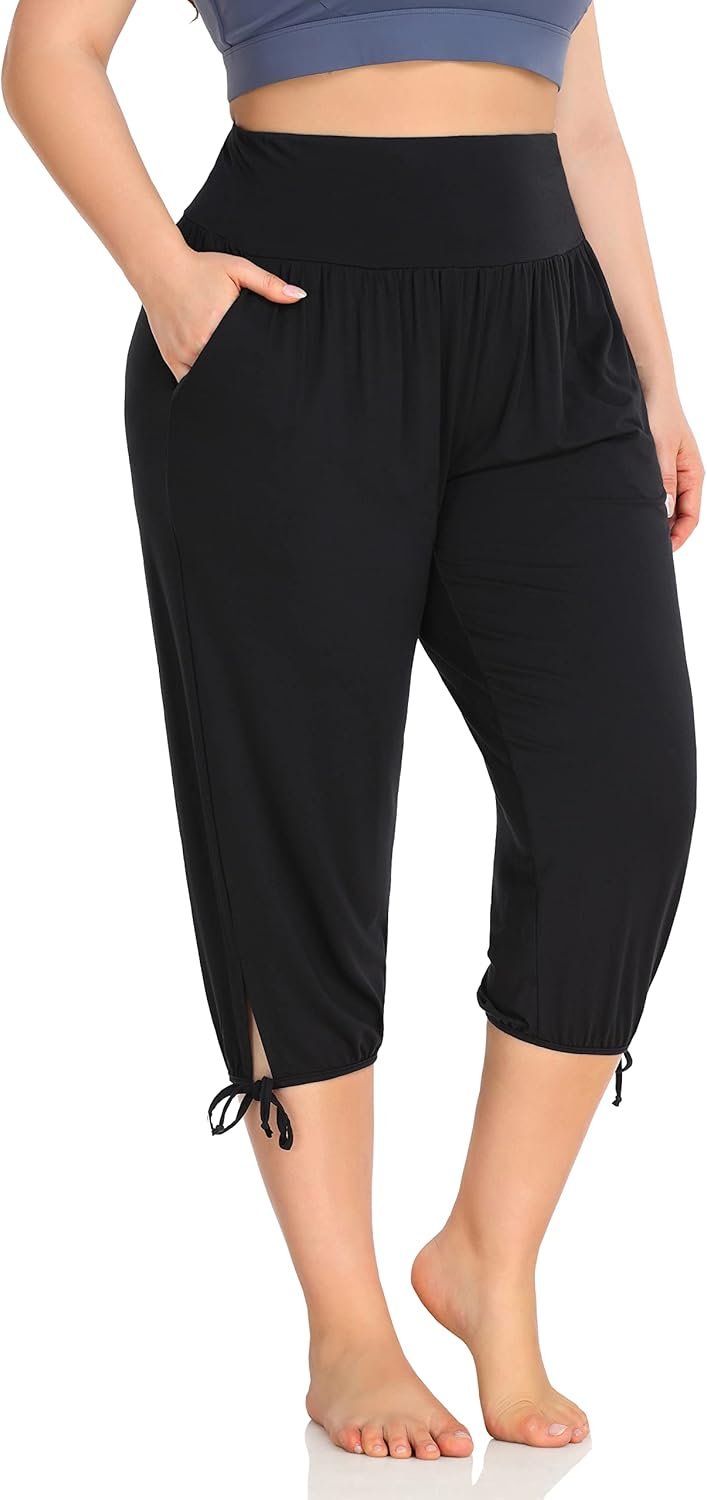 ZERDOCEAN Women’s Plus Size Yoga Capri Pants Lounge Indoor Casual Comfy Relaxed Joggers with Pockets
