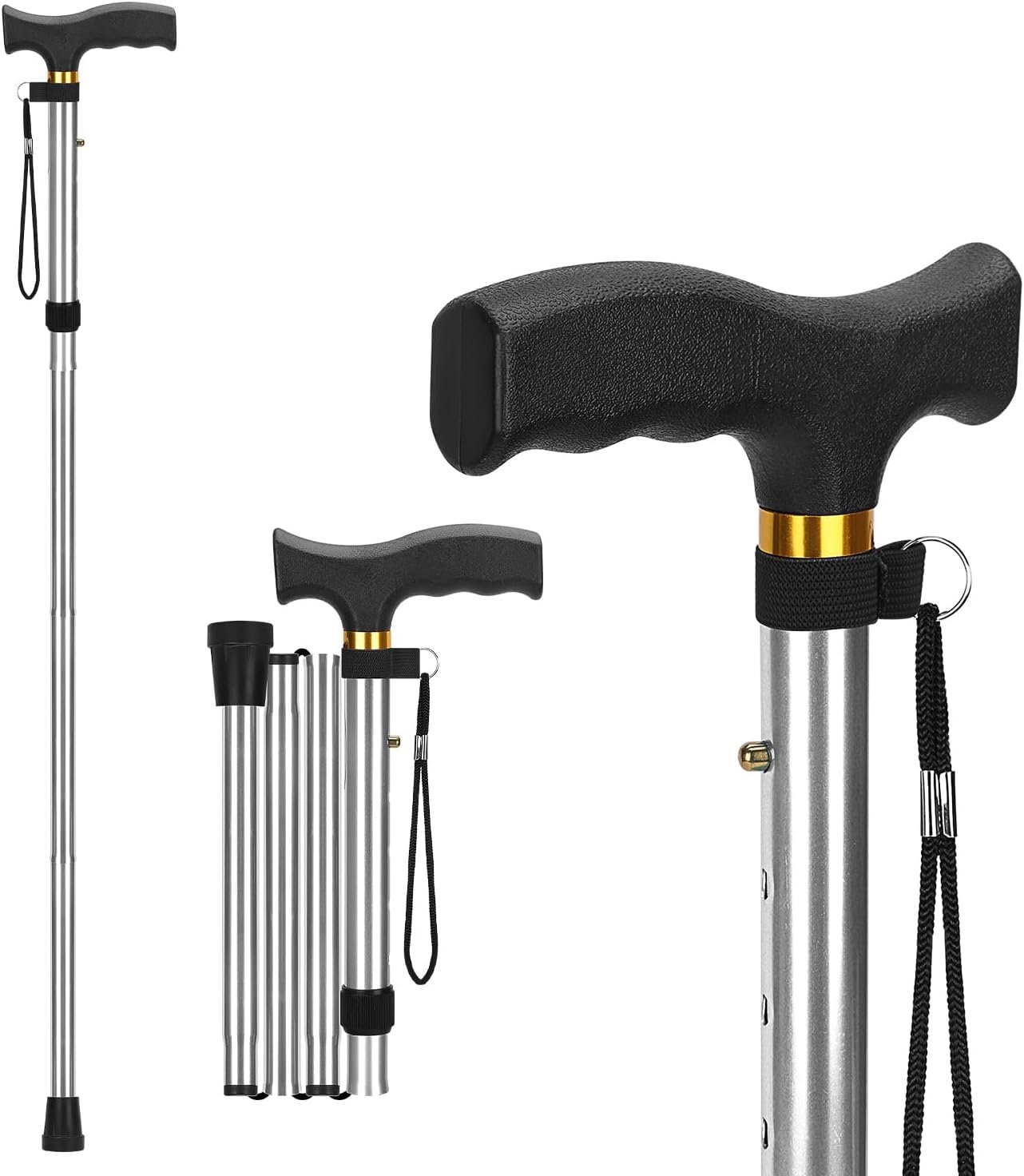 supregear Folding Cane, Lightweight 5-Level Adjustable Walking Stick with Wrist Strap and T-Handle, Portable Mobility Aid for Elderly and Disabled Men and Women