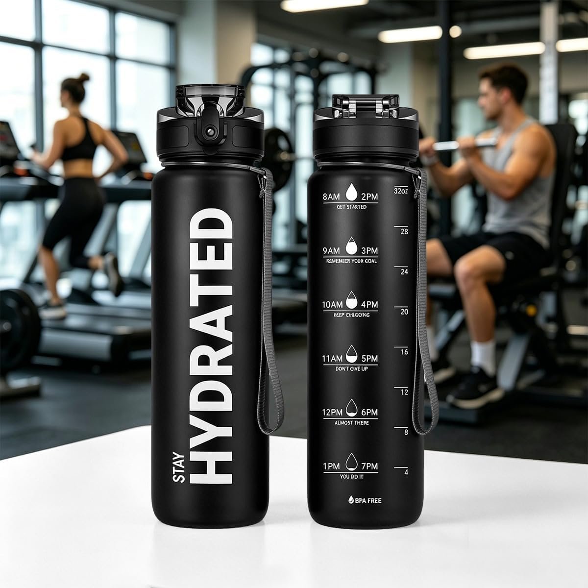 Water Bottle, 32oz Motivational Water Bottles with Time Marker to Drink, Wide Mouth with Carry Strap, BPA Free & Leak Proof, for Gym Fitness Outdoor（Black）