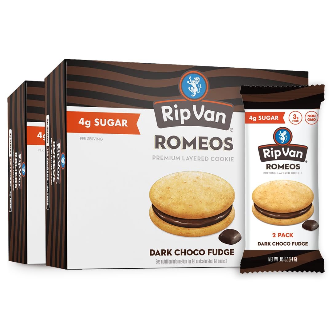Rip Van Romeos Dark Chocolate Fudge Cookies – Low Sugar Cookies – Healthy Keto Snack – Individual 2 Packs (18 Count)