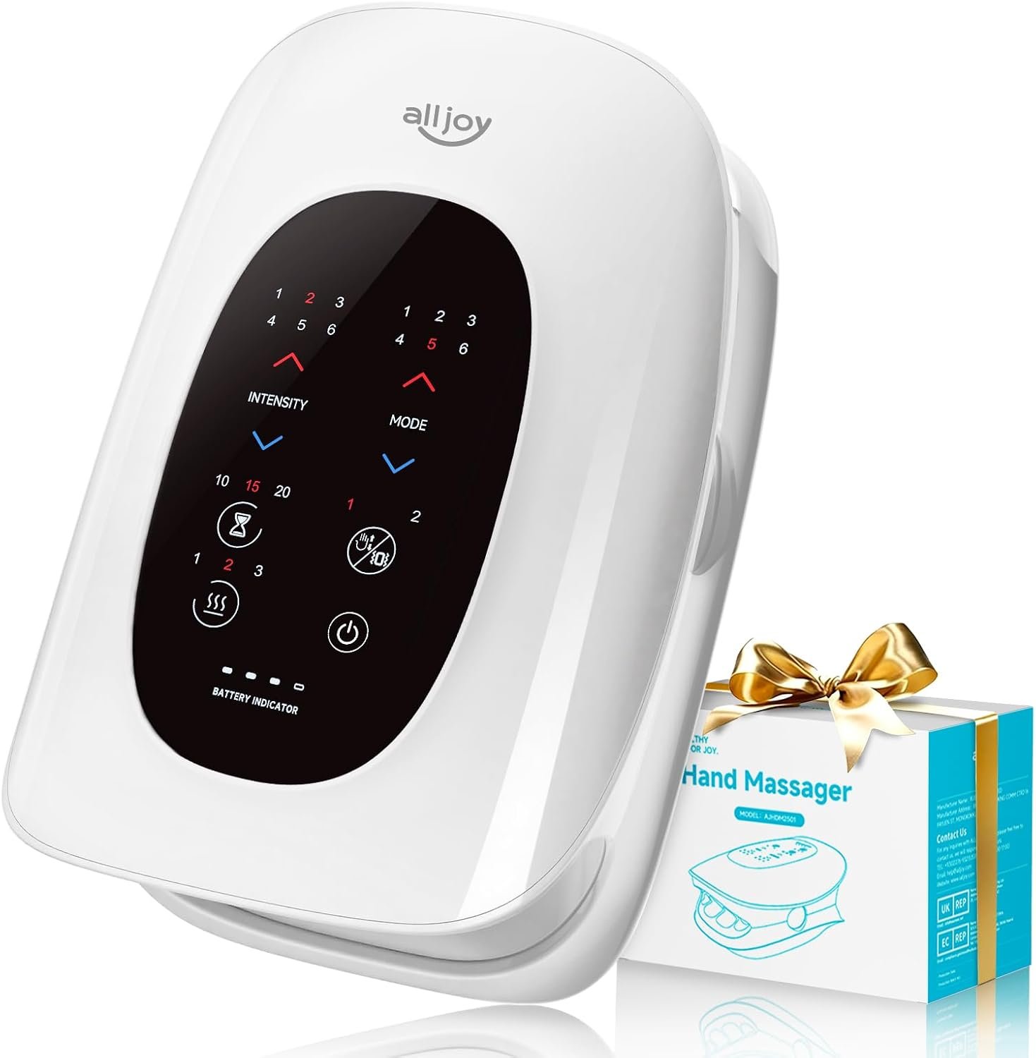 ALLJOY Hand Massager with Heat and Compression, Knuckle Stretching and Hand Massage, 6 Modes 6 Intensities 3 Heat for Arthritis and Carpal Tunnel Relief, Fathers Day Dad Gifts for Husband Men(White)