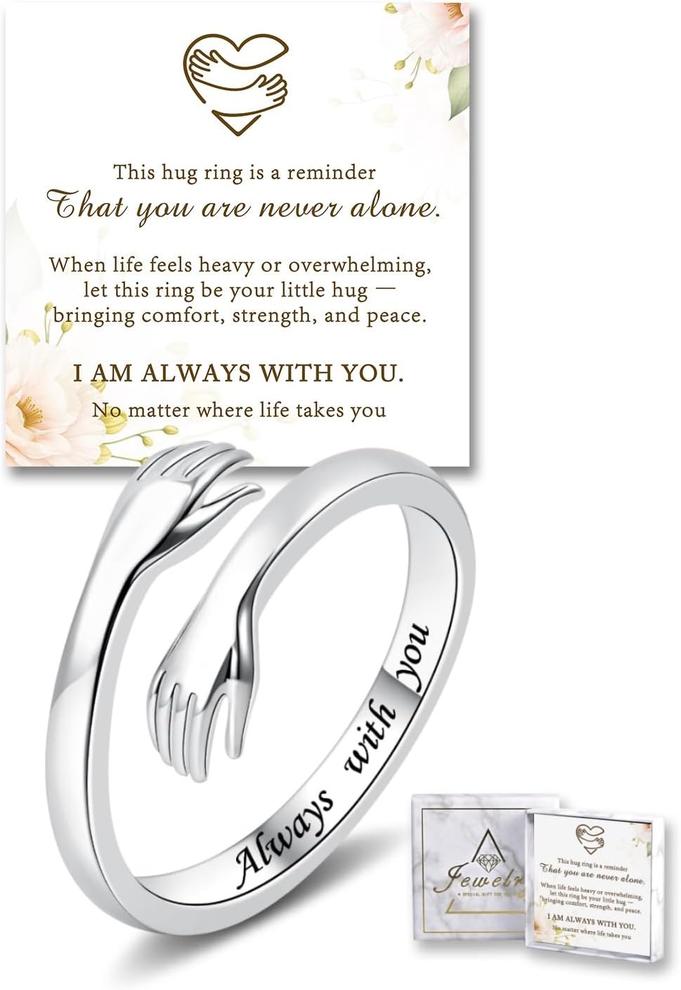 Sterling Silver Hug Ring for Women Teen Adjustable Love Promise Ring Inspirational Friendship Open Ring Hope Love Heaven Promise Friendship Rings Mothers Day Birthday Gift for Daughter Granddaughter Mom Wife Sister Best Friend