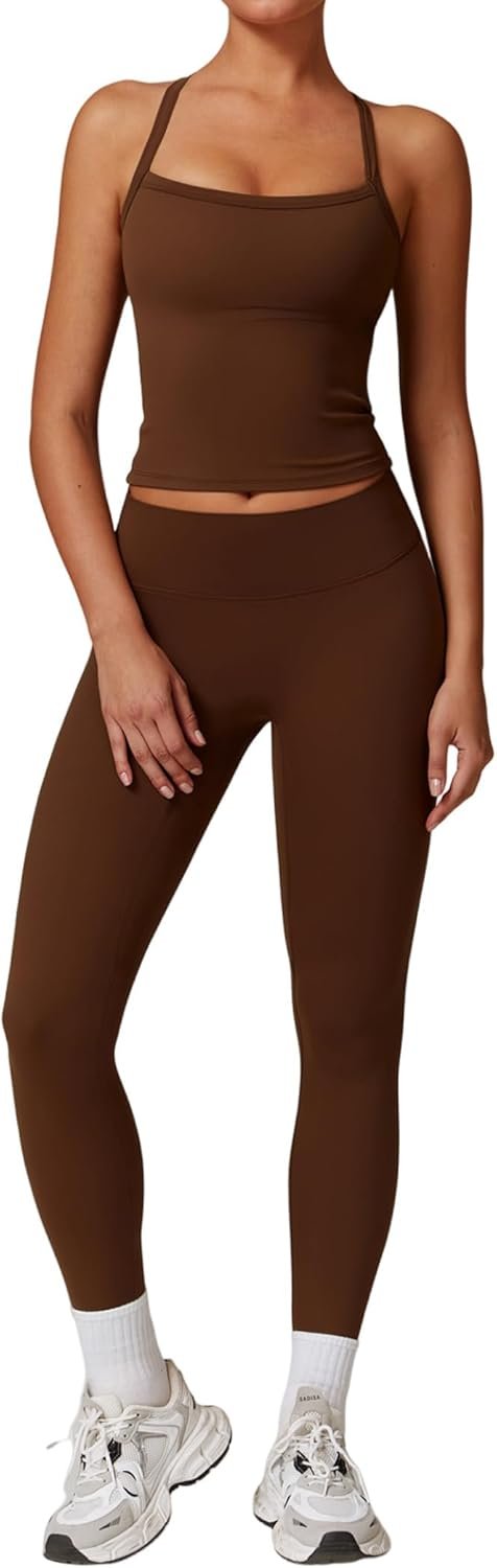QBGJTD Womens Workout Sets Two Piece Cross Back Tank Top Matching High Waist Leggings Sets Gym Outfits Work Out Clothes