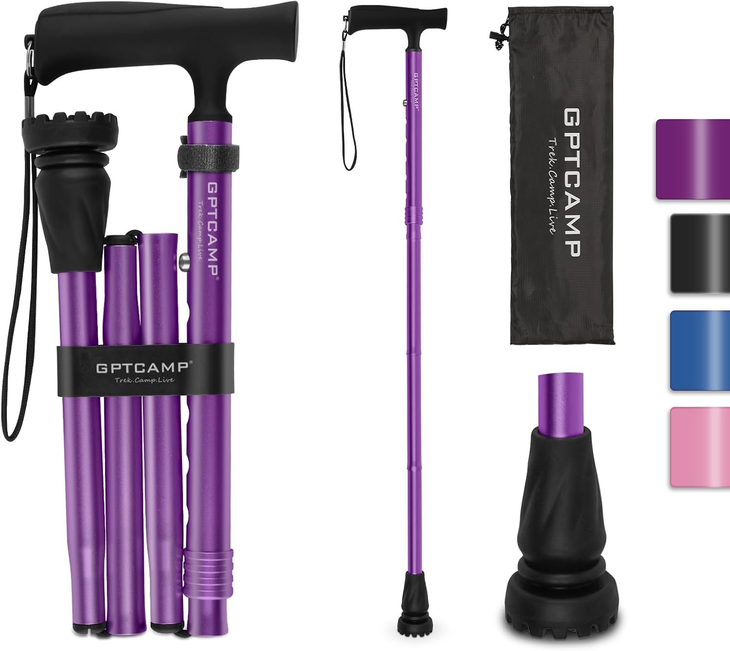 GPTCAMP G2 Walking Stick, Fold-up Walking Cane for Women and Men with Wrist Strap, Portable, Foldable, Collapsible, Lightweight and Sturdy with Comfortable T Handle