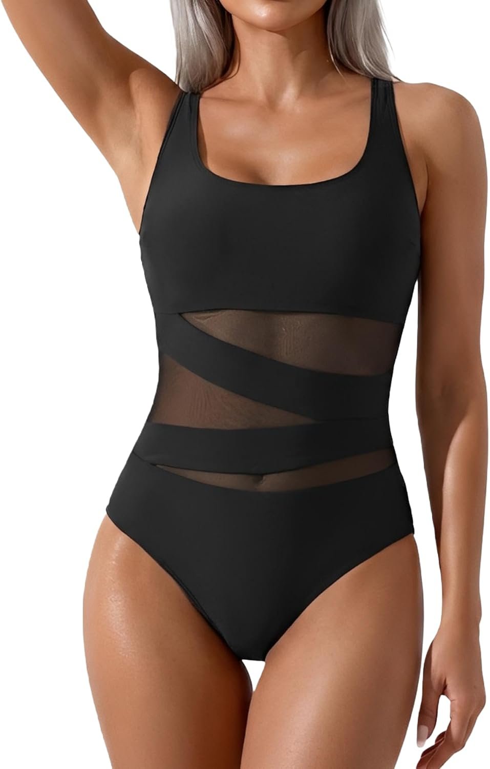 B2prity Women’s Mesh One Piece Swimsuit Tummy Control Sexy Bathing Suit Push Up Swim Suit Slimming Swimwear