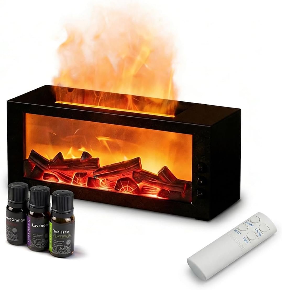 Essential Oil Diffuser,Fireplace Diffusers with 3 Essential Oils Set,Color Flame Aroma Essential Oil Diffuser with Remote Control,300ml Small Humidifier for Home Room Decor Gift for Women (Black)