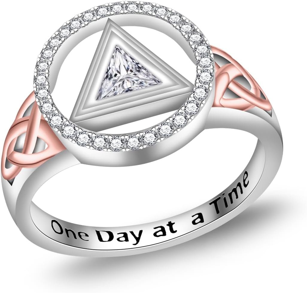 AA Sobriety Rings for Women – 925 Sterling Silver CZ Alcoholics Anonymous Ring Celtic Stay Sober Gifts AA Addiction Recovery Gifts 6-11#