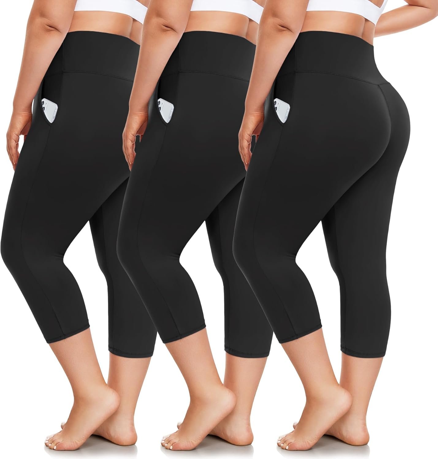 FULLSOFT 3 Pack Plus Size Capri Leggings with Pockets for Women -High Waist Stretchy 1X-4X Workout Yoga Pants