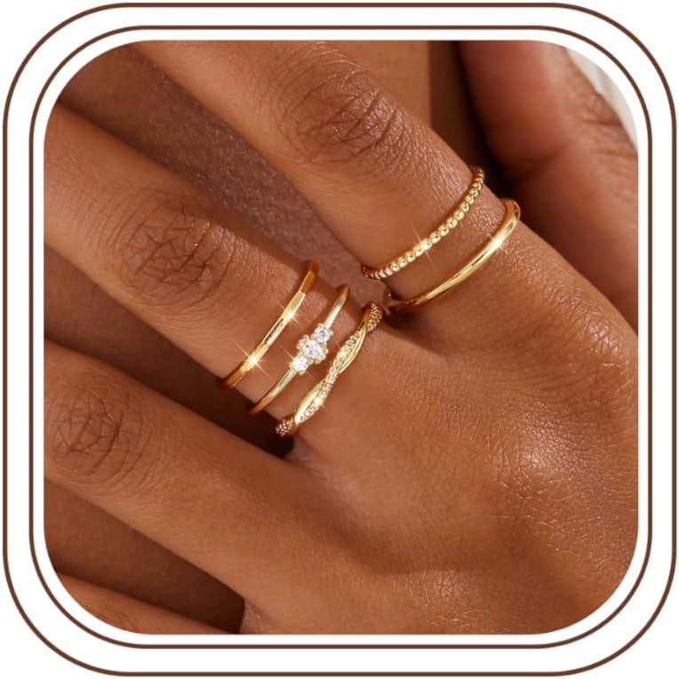 CASSIECA 14K Gold Plated Stackable Rings for Women Non Tarnish Cubic Zirconia Band Rings Set Dainty Trendy Statement Engagement Promise Stacking Ring Size 5-10