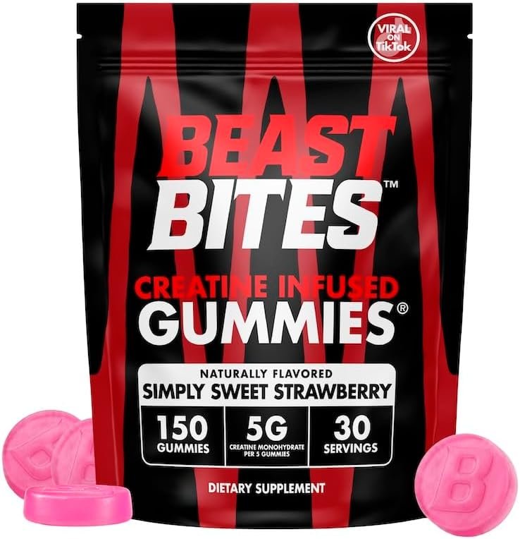 BEAST BITES Creatine Infused Gummies® – 5g Creatine Monohydrate Per Serving – NSF Certified for Sport, Clean Label Project Certified (150 Gummies, Simply Sweet Strawberry)