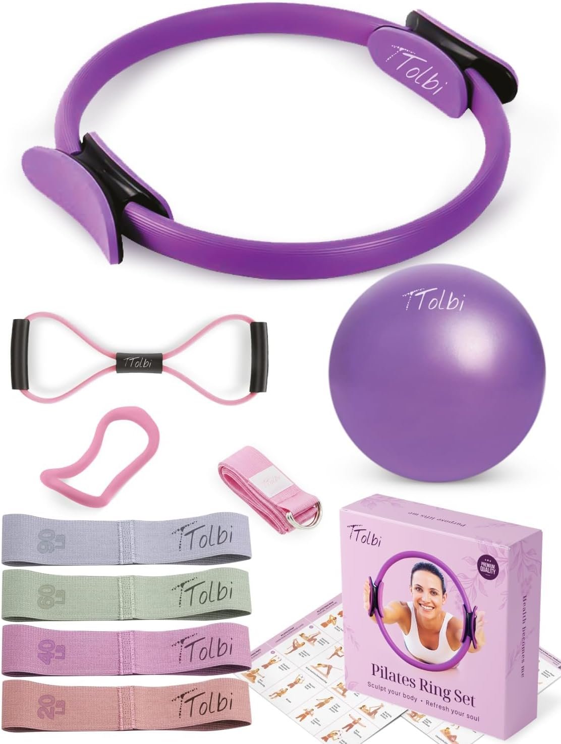 TTolbi 10-Piece Pilates Kit for Beginners with Video Tutorials | Pilates Ring and Ball Set for Women, 4 Fabric Resistance Bands, Yoga Strap, Figure-8 Band, Storage Box | Studio-Quality Home Set