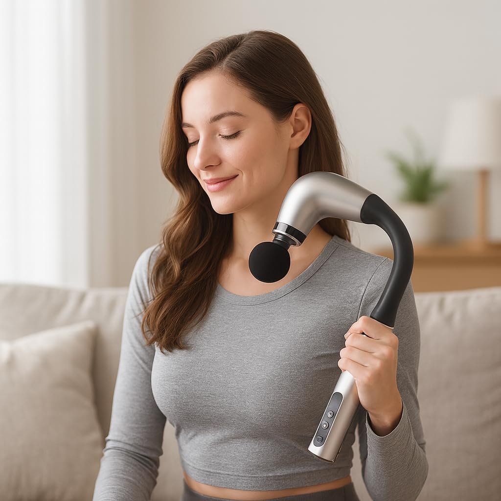 Handheld Cordless & Rechargeable Back Massager – Quiet – Full Body Massage Device for Women, Aches Relief, Sports Recovery and Deep Relaxation – Silver