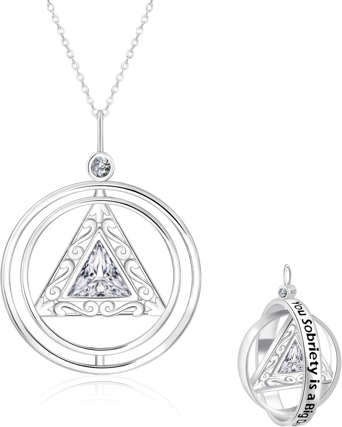 Rotatable AA Sobriety Necklace for Women – Silver Hypoallergenic Recovery Triangle Symbol Pendant Mood Spinner Necklace Alcoholics Anonymous Gift for Addicts