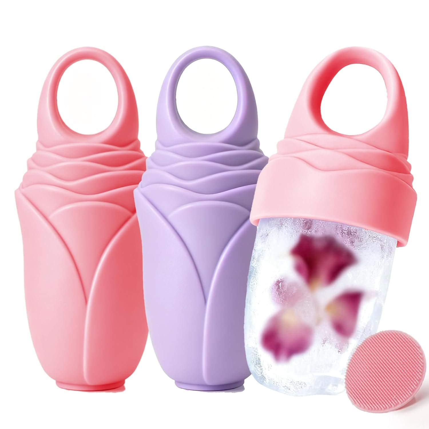 Ice Roller for Face and Eye, Ice face rollers for women, Reusable Silicone Ice Face Mold for Reducing Puffiness – Pink 2 + Purple 1