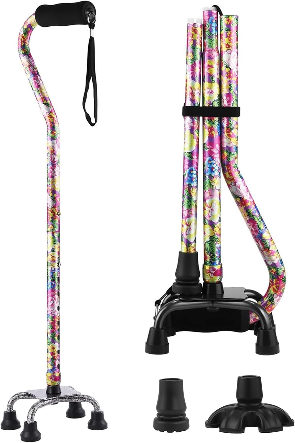 Floral Quad Cane for Women, Adjustable Walking Canes with 3-in-1 Interchangeable Base(3 Tips) for Versatile Support, Stylish & Stable Mobility Aid for Seniors Confidence