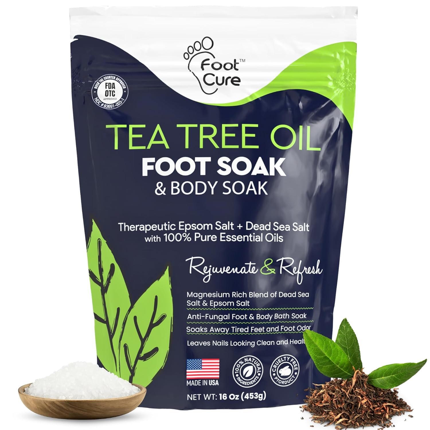 Tea Tree Oil Foot Soak with Epsom Salt – For Toenail Repair, Athletes Foot, Softens Calluses, Soothes Sore & Tired Feet, Nail Discoloration, odor Scent, Spa Pedicure Care – Made in USA 16 oz