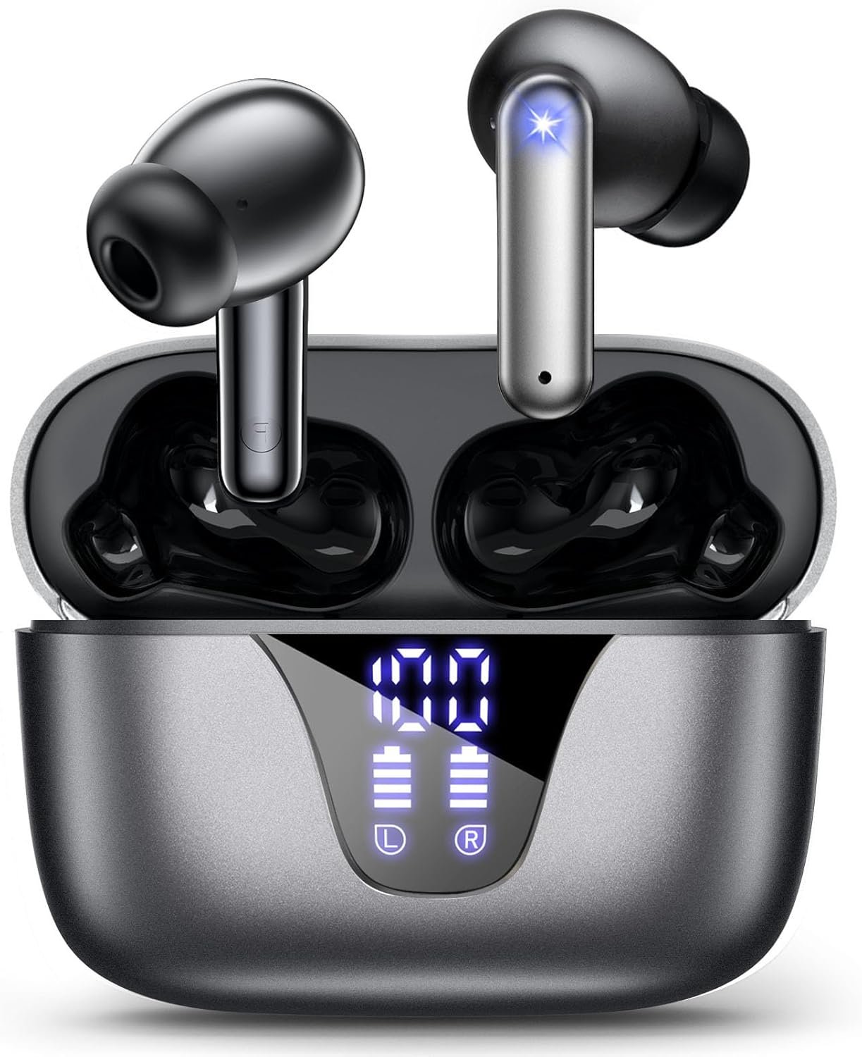 Wireless Earbuds Bluetooth Headphones, 50H Playtime Ear Buds with Mic, LED Digital Display Charging Case, IPX7 Waterproof, Deep Bass Stereo, in-Ear Earphone for iPhone Andriod Phone – Steel