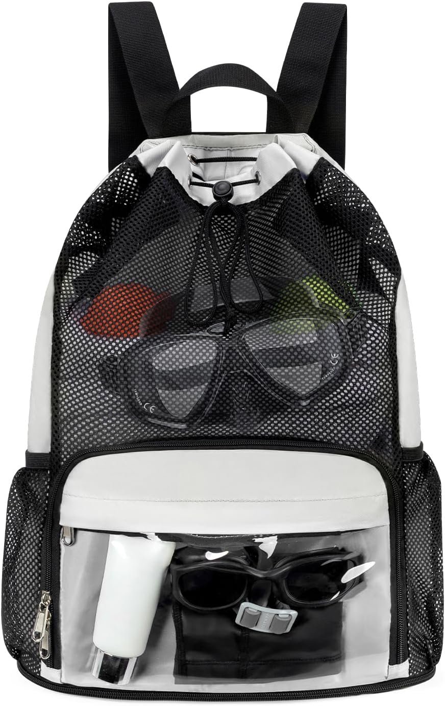 Drawstring Backpack Sandproof Beach Backpack with Shoe Compartment & Wet Pocket Waterproof Mesh Swim Bag Pool Bag for Gym, Travel and Workout Gear (Beige)
