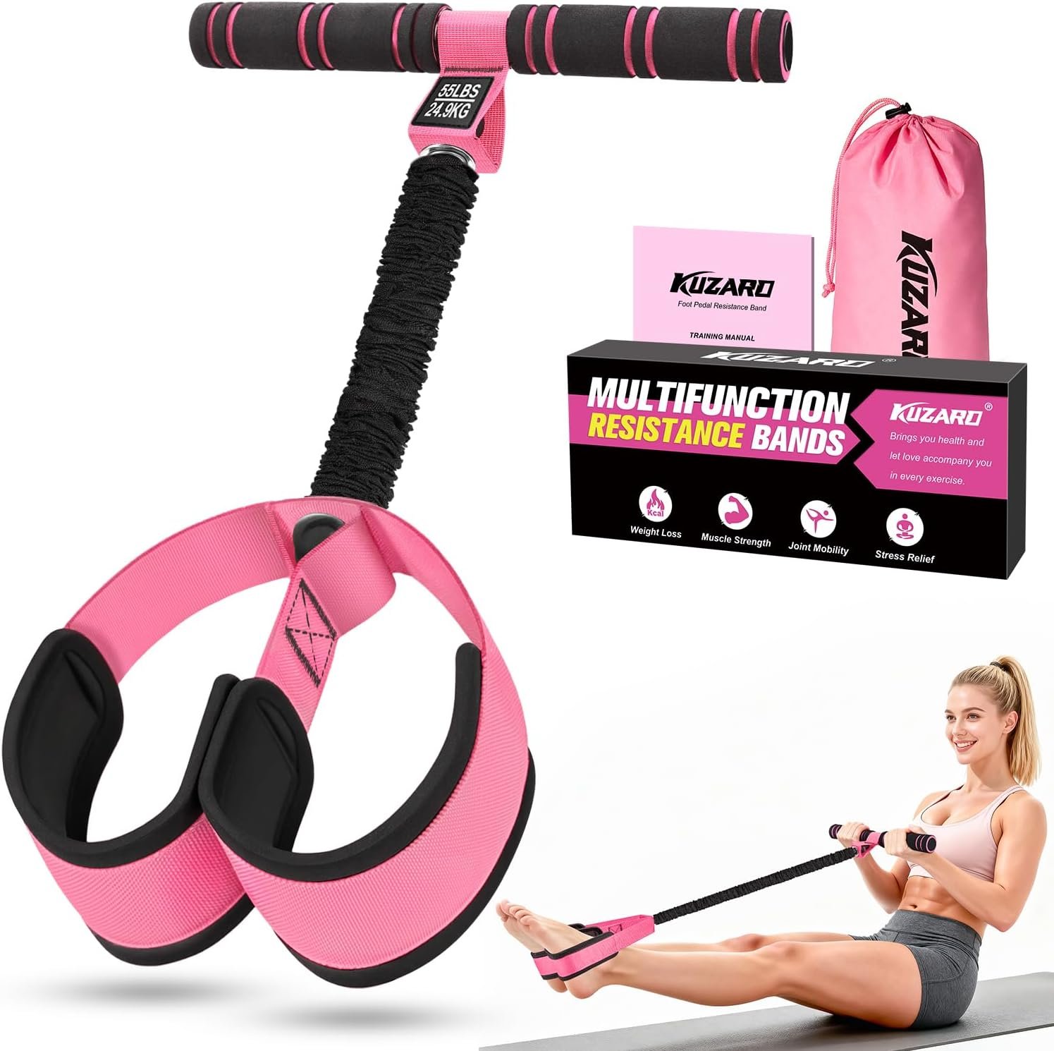 Upgraded Pedal Resistance Band with Handles, Multifunction Foot Pedal Resistance Bands for Abdomen,Waist,Arm, Core/ABS,Leg Workout at Home – Physical Therapy,Stretching,Strength Equipment (Pink)