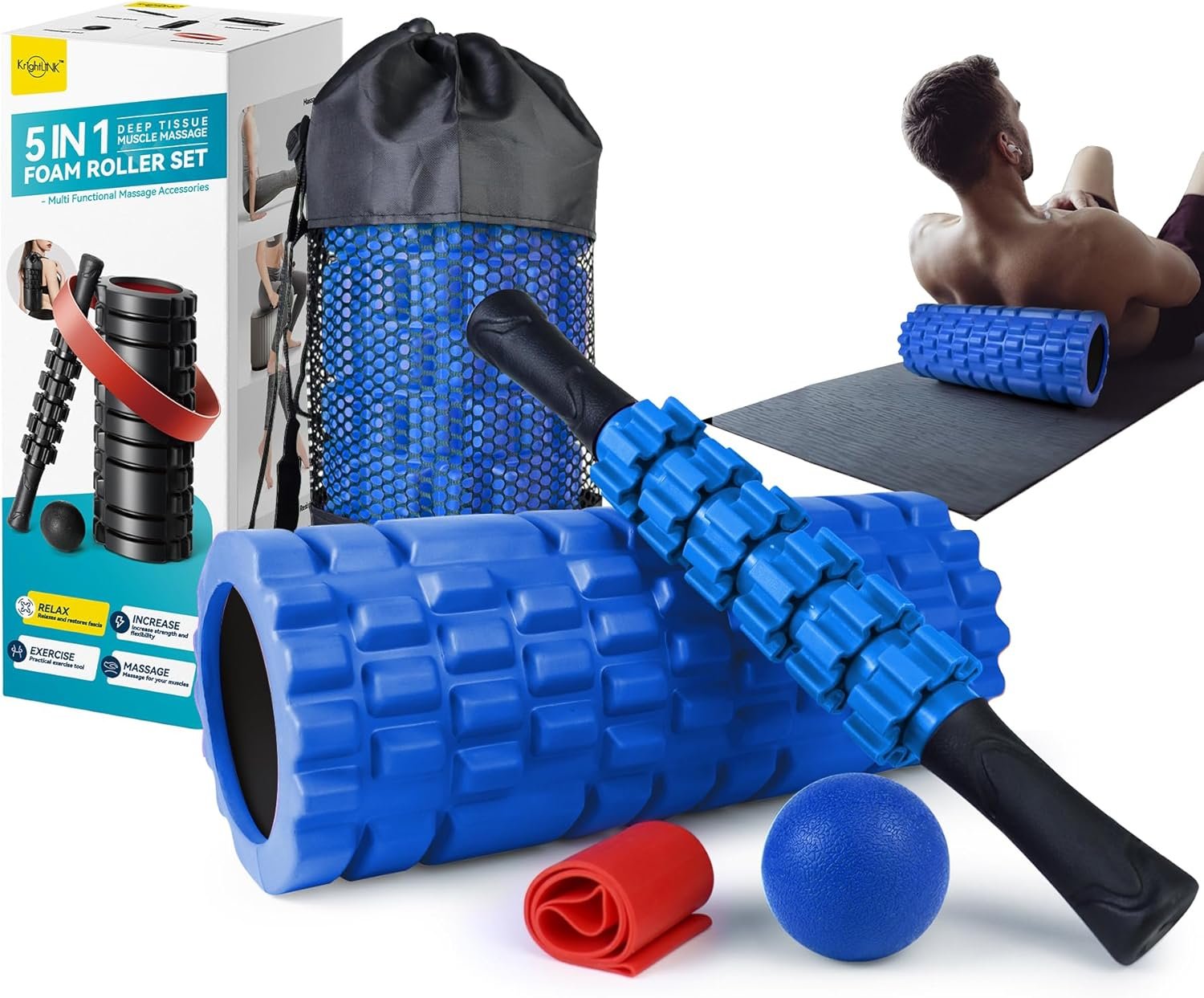 Krightlink 5 in 1 Foam Roller Set for Deep Tissue Muscle Massage, High Density Trigger Point Fitness Patented Exercise Foam Roller, Massage Roller, Massage Ball, Resistance Band, for Whole Body