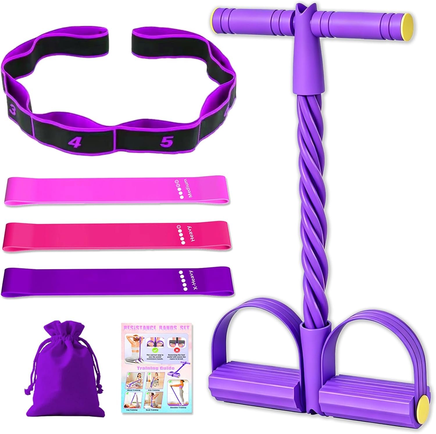 5 Pcs Resistance Bands Set, Foot Pedal Resistance Band with Handles, Workout Elastic Exercise Bands for Ab, Waist, Arm, Leg, Women Fitness Stretch Bands for Pilates, Yoga at Home, Gym