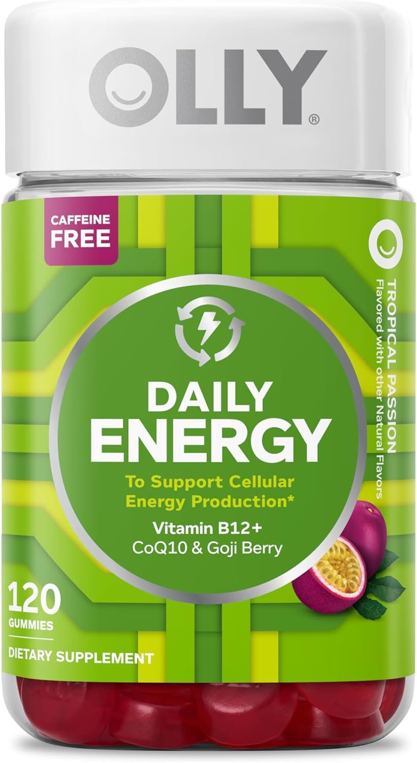OLLY Daily Energy Gummy, Caffeine Free Cellular Energy Production,* Vitamin B12, CoQ10, Goji Berry, Adult Chewable Supplement, Tropical Passion Flavored, 60 Day Supply – 120 Count