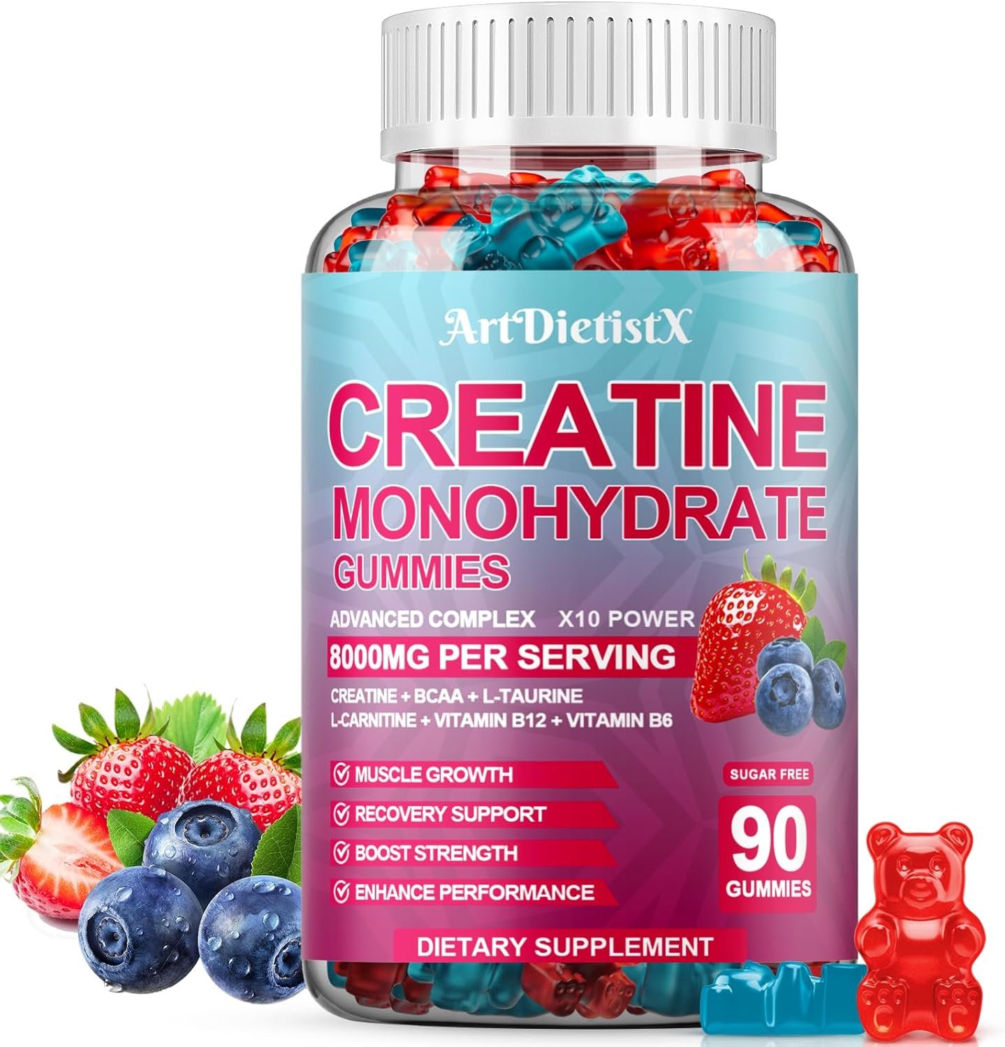 Creatine Monohydrate 5000mg Gummies with BCAA, L-Carnitine, Taurine & Vitamin B12 – Pre Workout Supplement for Muscle Growth, Strength & Energy, Multi-Flavor Chewable Gummies, 90 Count for Men & Women
