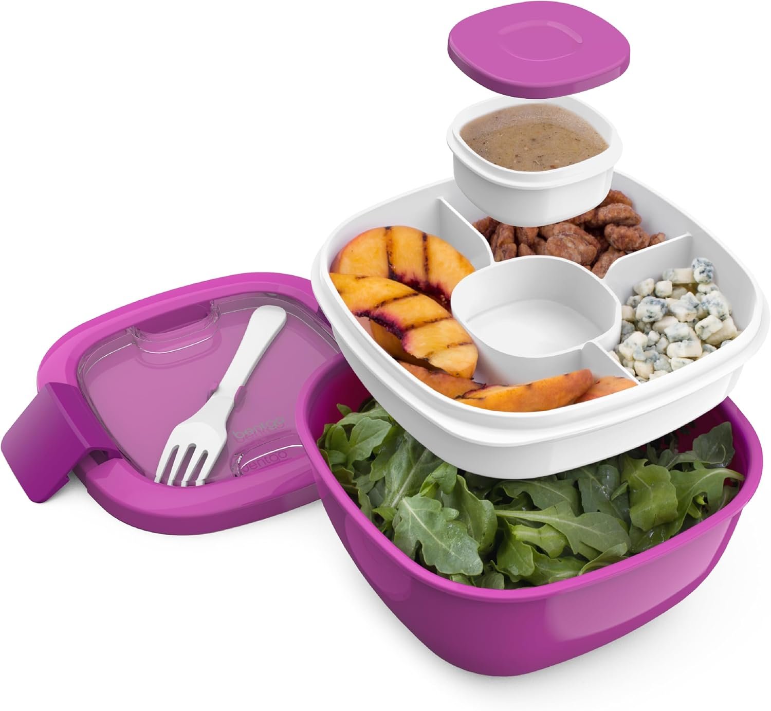 Bentgo Salad Container – 54 oz Bowl with 4-Compartment Toppings Tray, Leak-Proof Dressing Container, Reusable Fork, BPA-Free Lunch Box for Meal Prep & Food Storage; Removable Bento Tray (Purple)