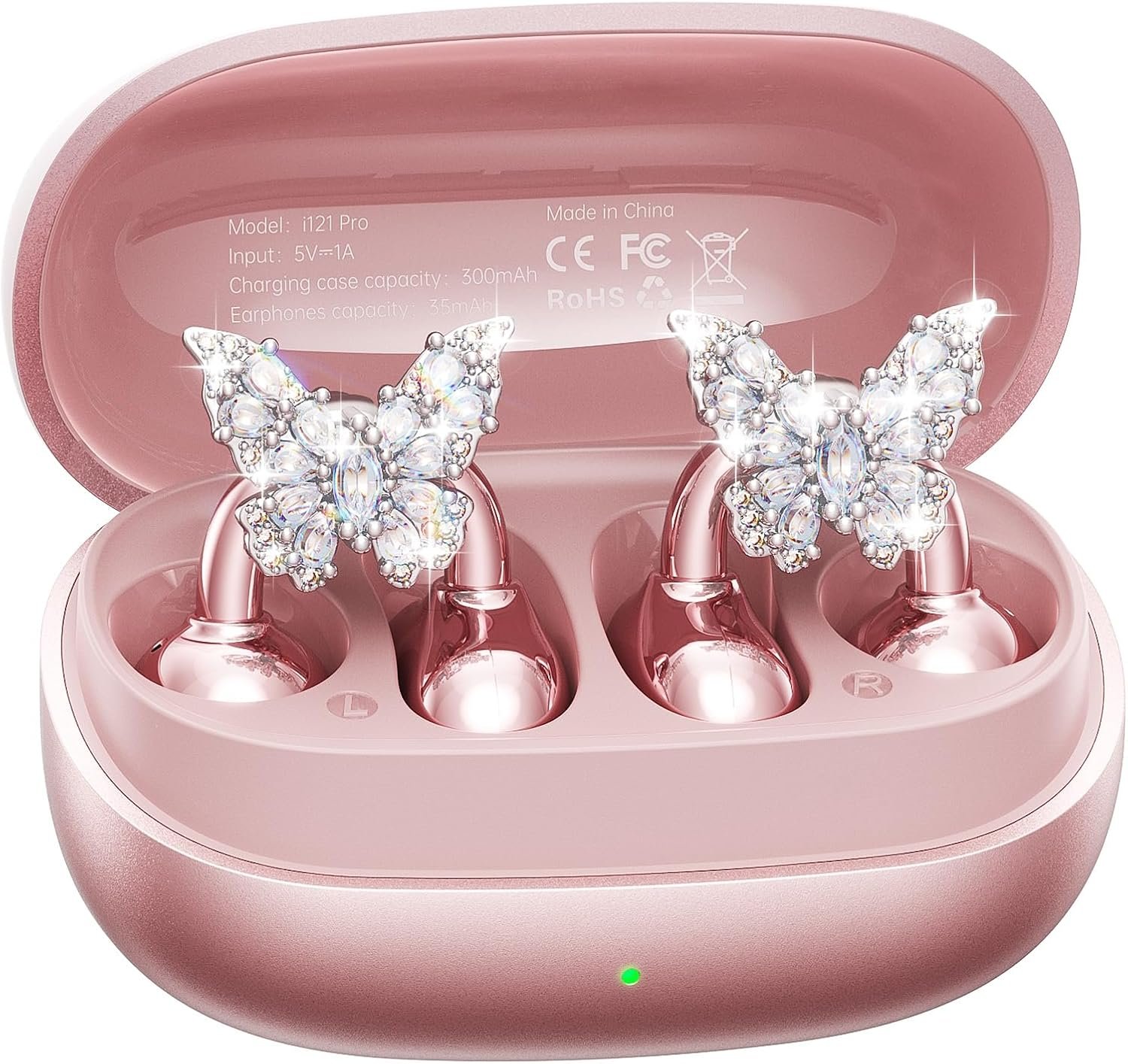 Kinglucky Gen2 Clip-On Open Ear Earbuds with Sparkle Butterfly Earrings, Earrings-On Storage Case, Bluetooth 5.4 Wireless Headphones for Women, 40H Playtime, Comfortable Fit for Small Ears, Rose Gold