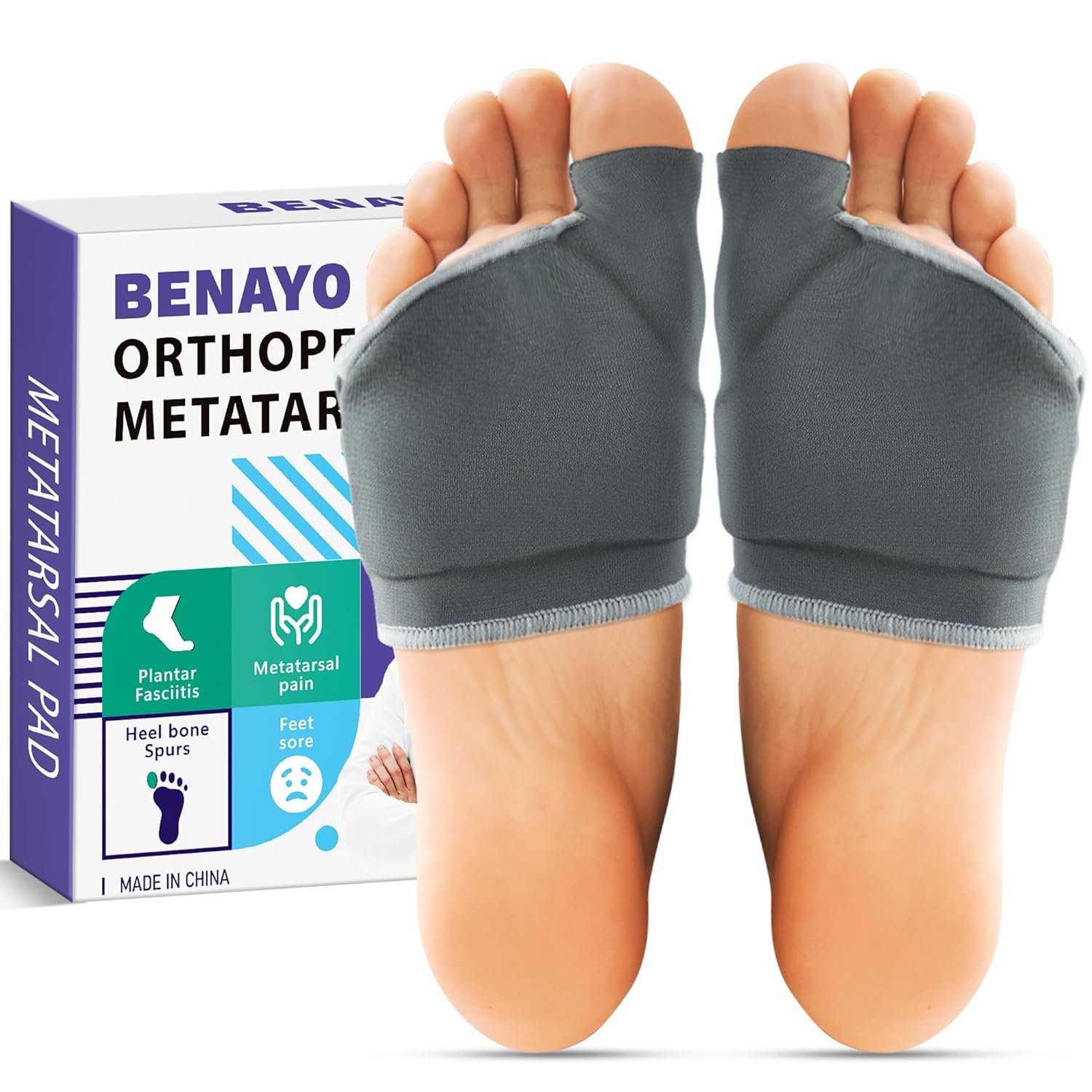 BENAYO Orthopedic Metatarsal Pads,Ball of Foot Cushion with Gel Pad for Women and Men, Foot Pads for Ball Pain Relief, Morton’s Neuroma, Metatarsalgia Support. (Gray, MIDDLE:WOMEN(7-9)/MEM(5-7))