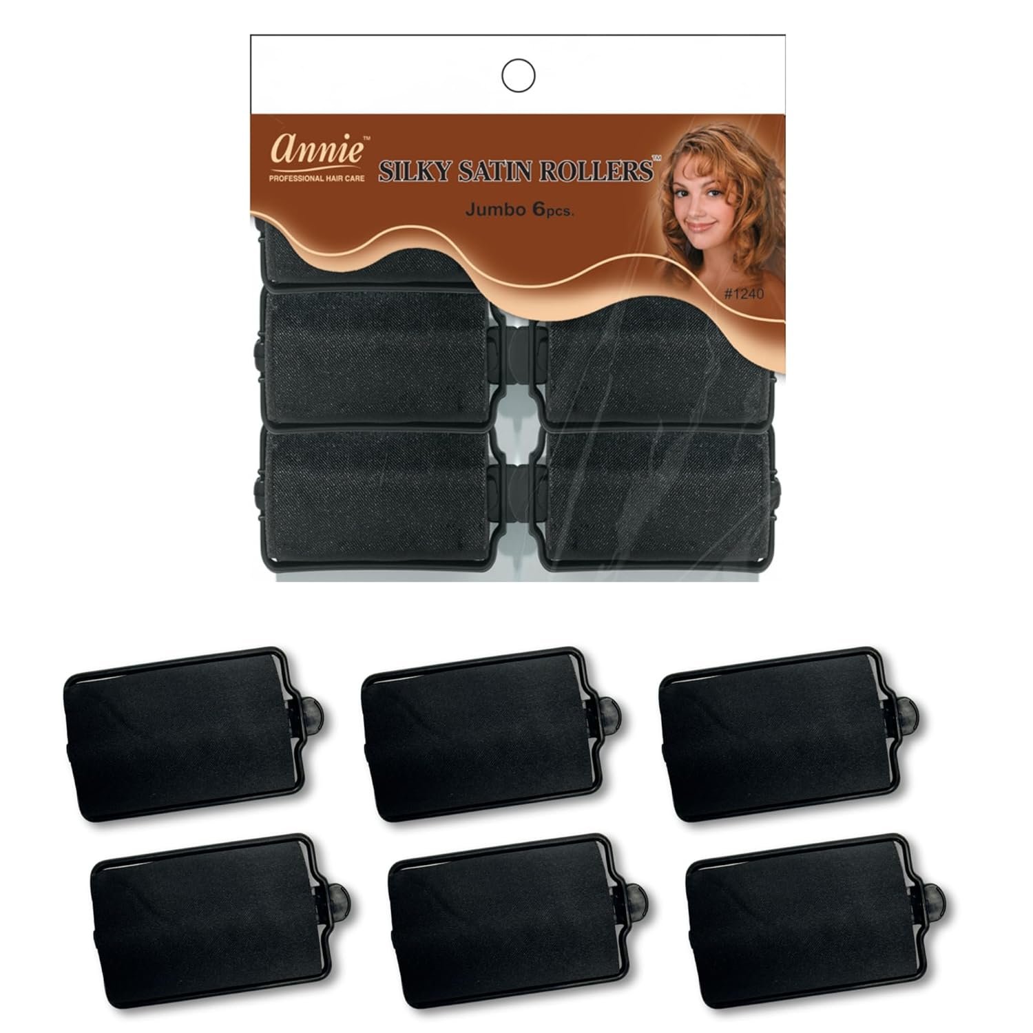 Annie Silky Satin Jumbo Hair Rollers – 6 Pack Black Foam Sponge Curlers for Heatless Curls – Soft Sleep Styler Pillow Rollers for All Hair Types, Prevents Breakage & Frizz (1.5 Inch Diameter)