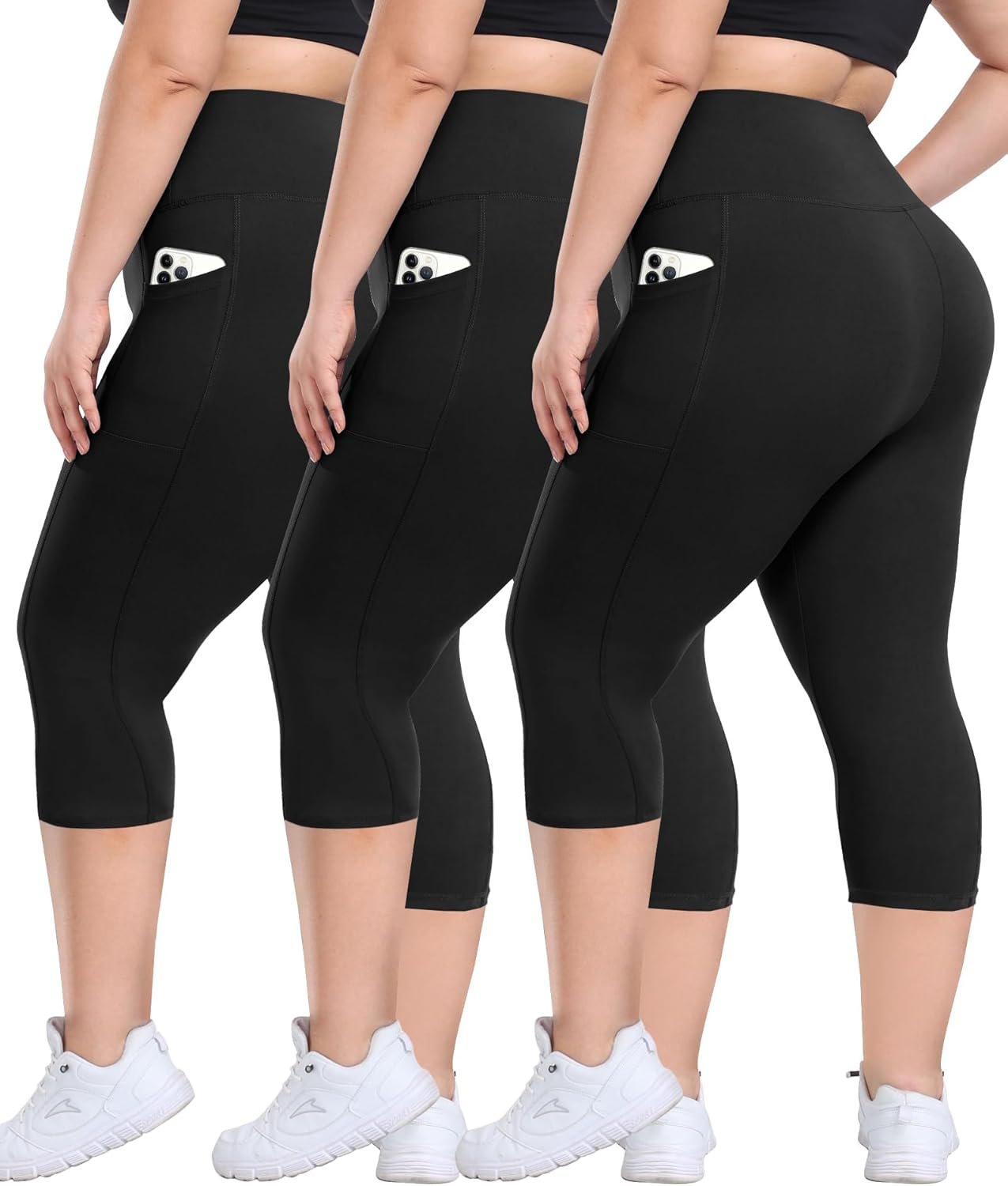 3 Pack Plus Size Leggings with Pockets for Women – High Waisted Tummy Control Spandex Soft Black Workout Yoga Pants