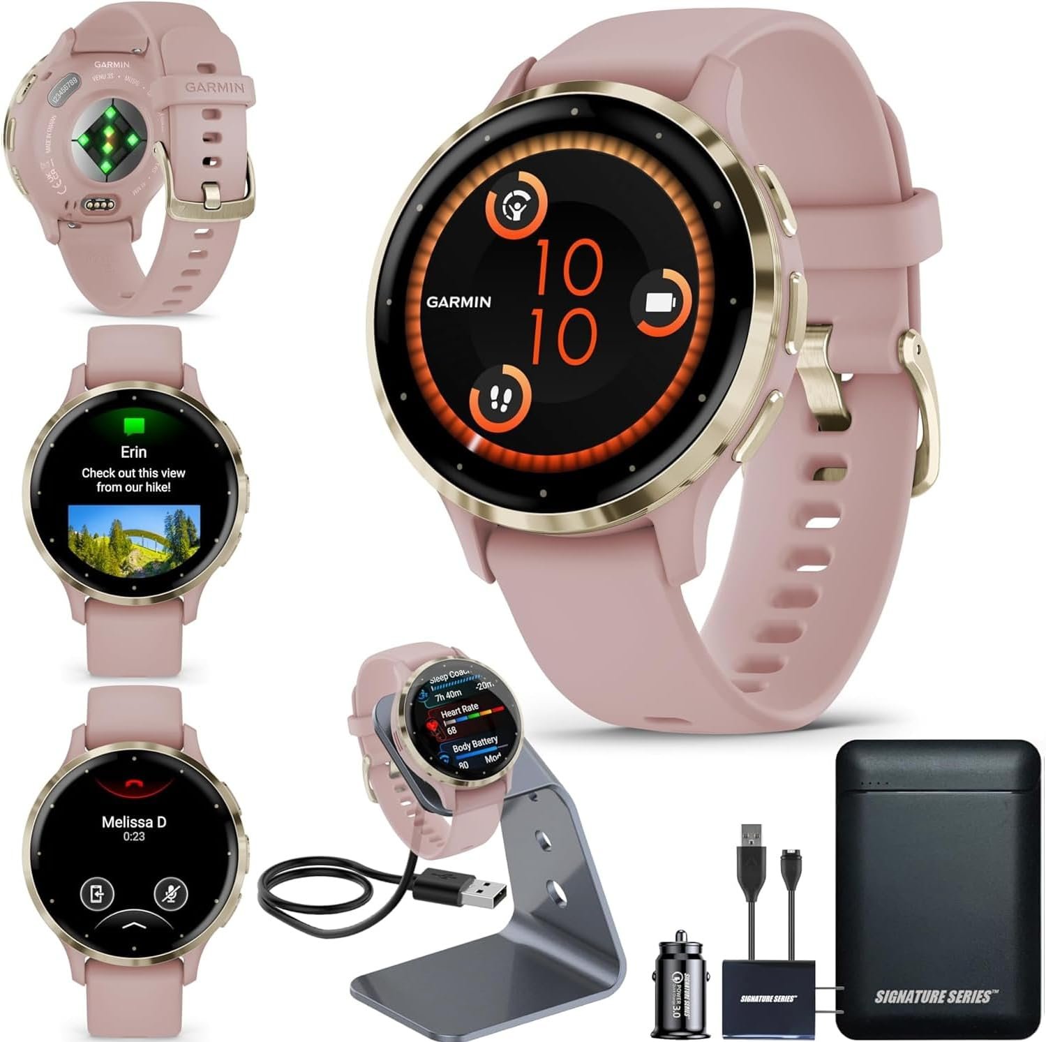 Garmin Venu 3S Running GPS Smartwatch with AMOLED Display, Advanced Health, Fitness Features, Up to 14 Day Battery Life with Signature Power Bundle | Soft Gold with Dust Rose Silicone Band