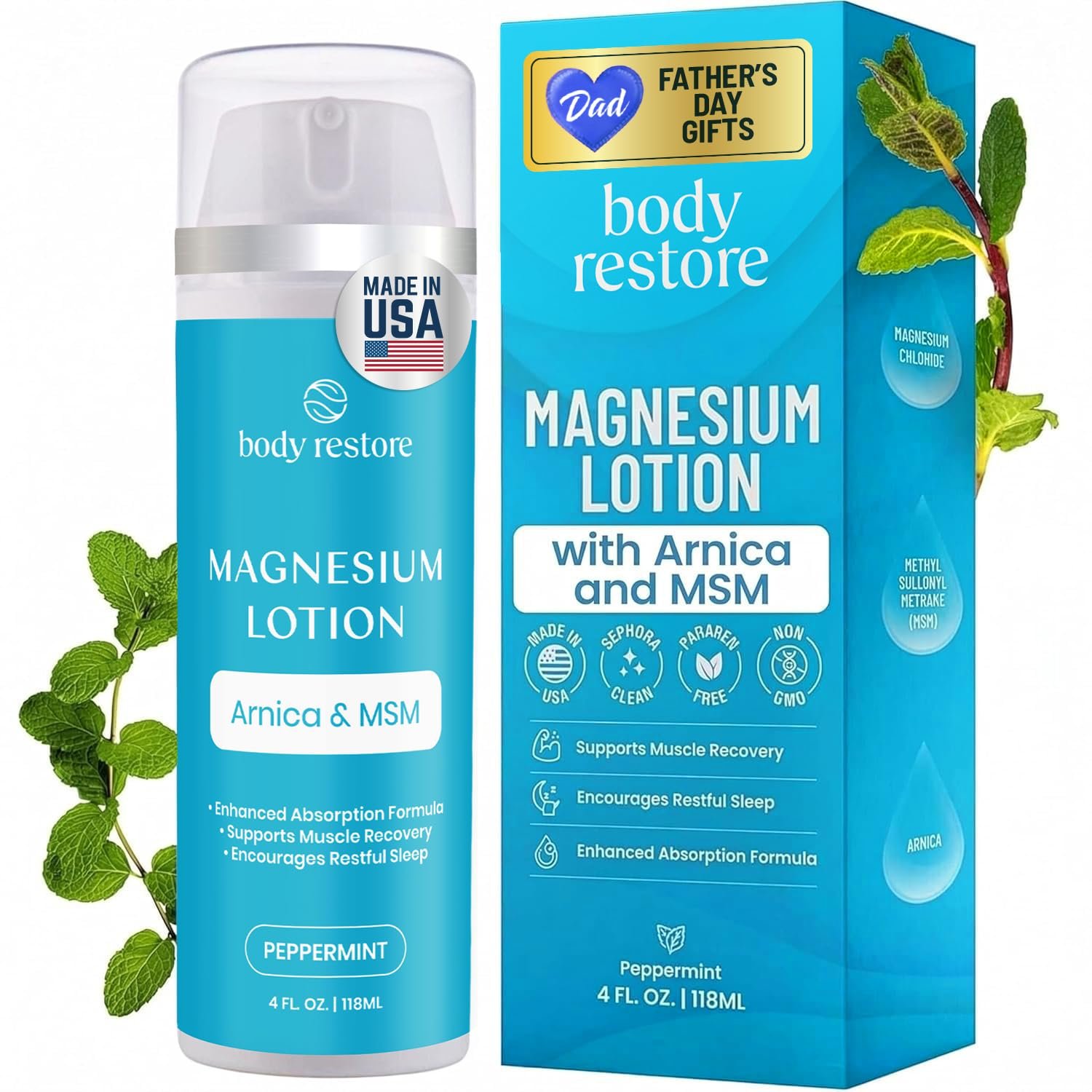 Body Restore Magnesium Body Lotion – Fathers Day Gift for Dad from Daughter Son Wife, Relaxing Muscle Recovery Cream, Birthday Gifts for Men, Self Care Spa Gifts – Peppermint
