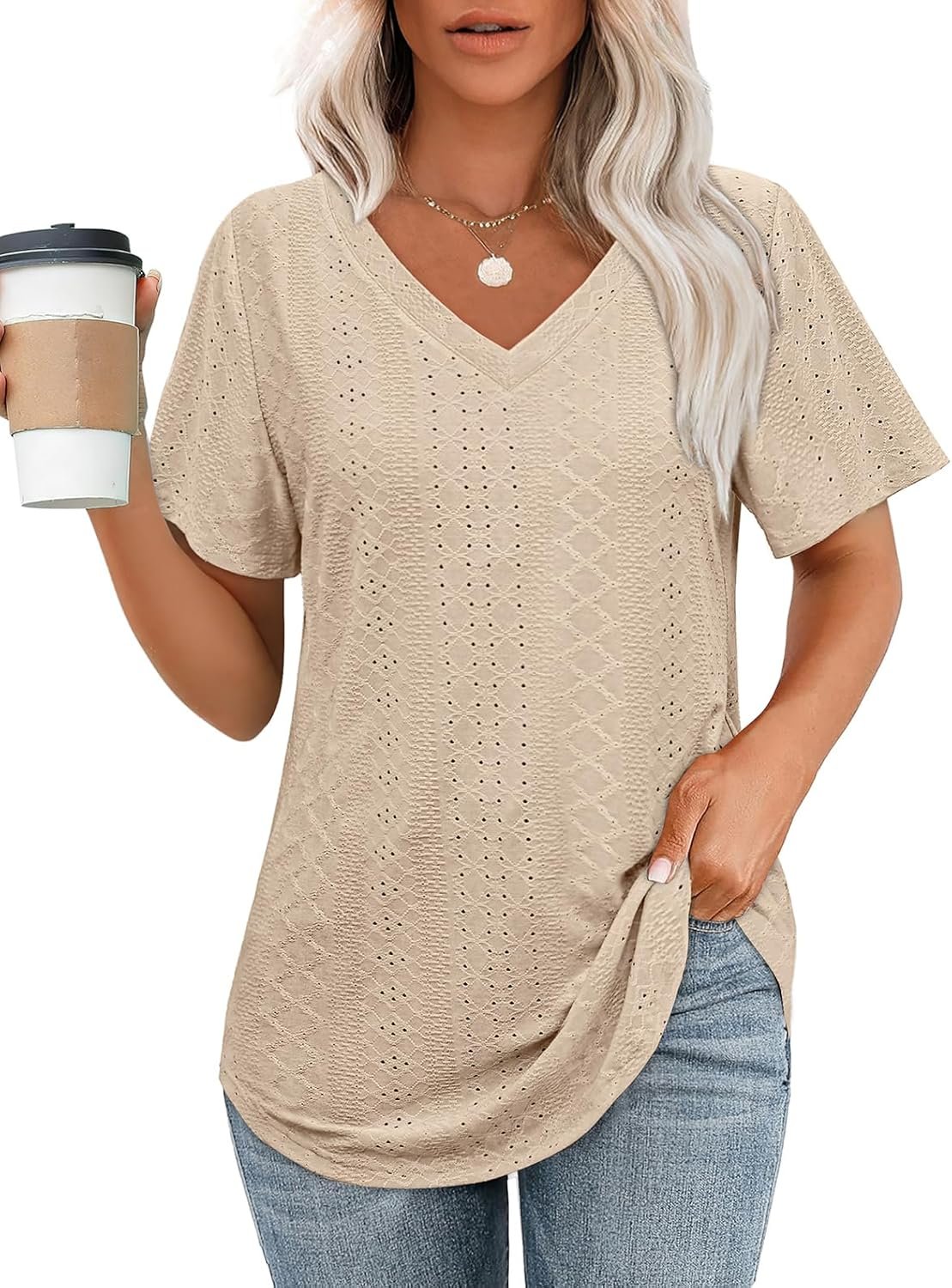 OFEEFAN Womens T Shirts V Neck Short Sleeve Casual Tops Loose Fit Basic Tees with Curved Hem