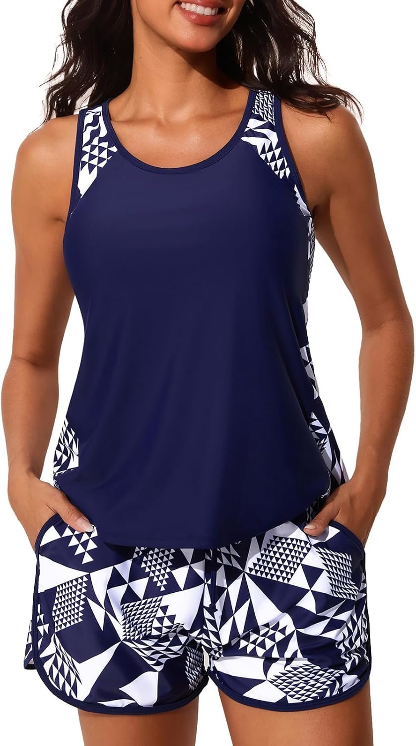 Summer Mae Blouson Tankini Swimsuits for Women 2026 Tummy Control Two Piece Bathing Suits with Sporty Pockets Swim Shorts