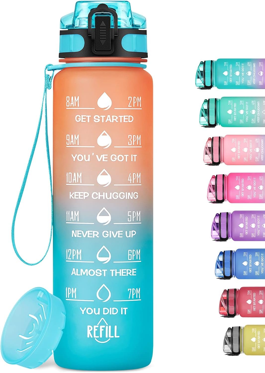 Motivational Water Bottle with Time Marker and Fruit Strainer, Leak-Proof, BPA Free, Non-Toxic, with Carrying Strap, Perfect for Fitness, Gym and Sports