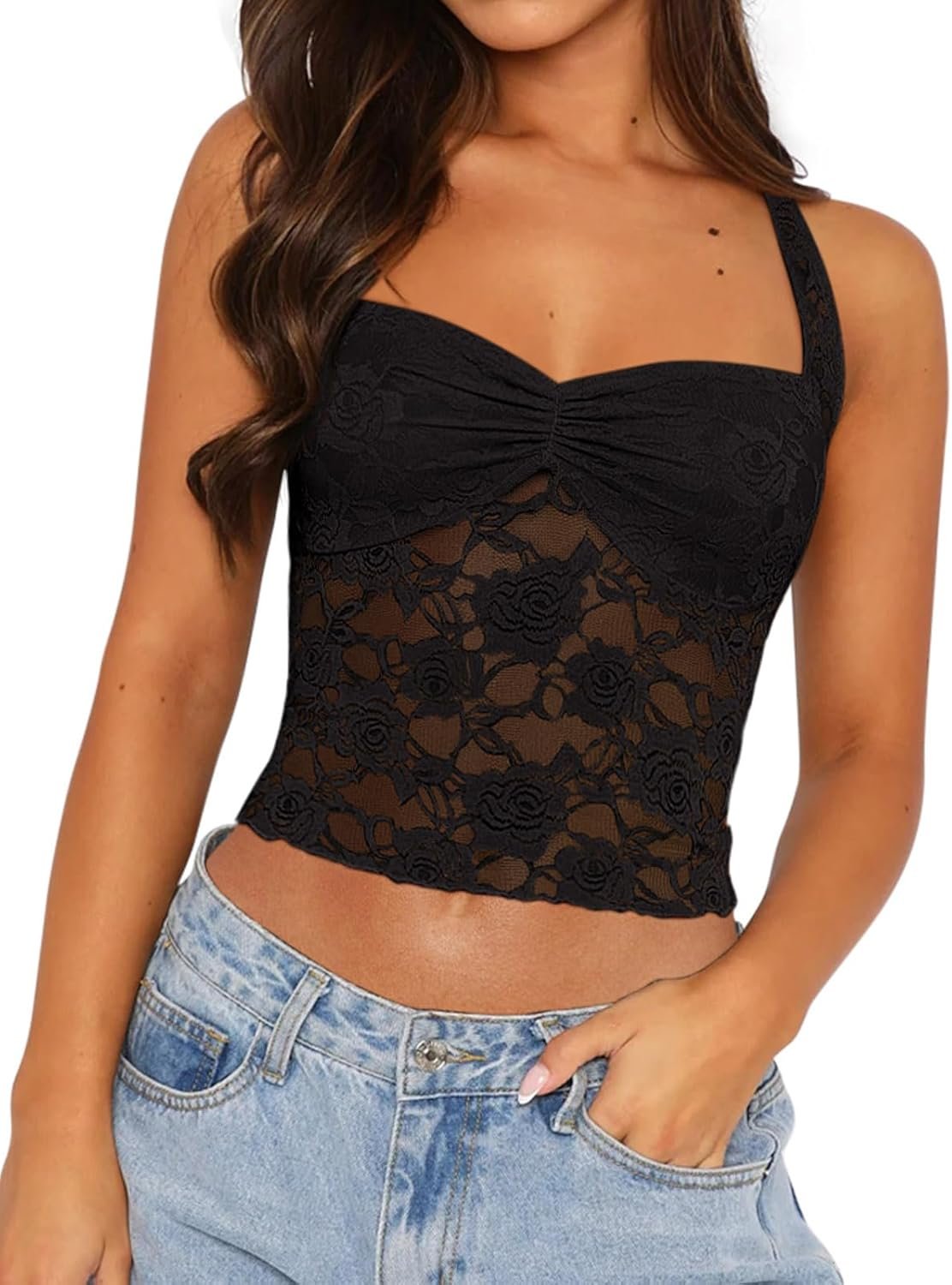 REORIA Lace Tops for Women Halter Sexy Going Out Tank Crop Y2K Fashion Top 2026 Trendy