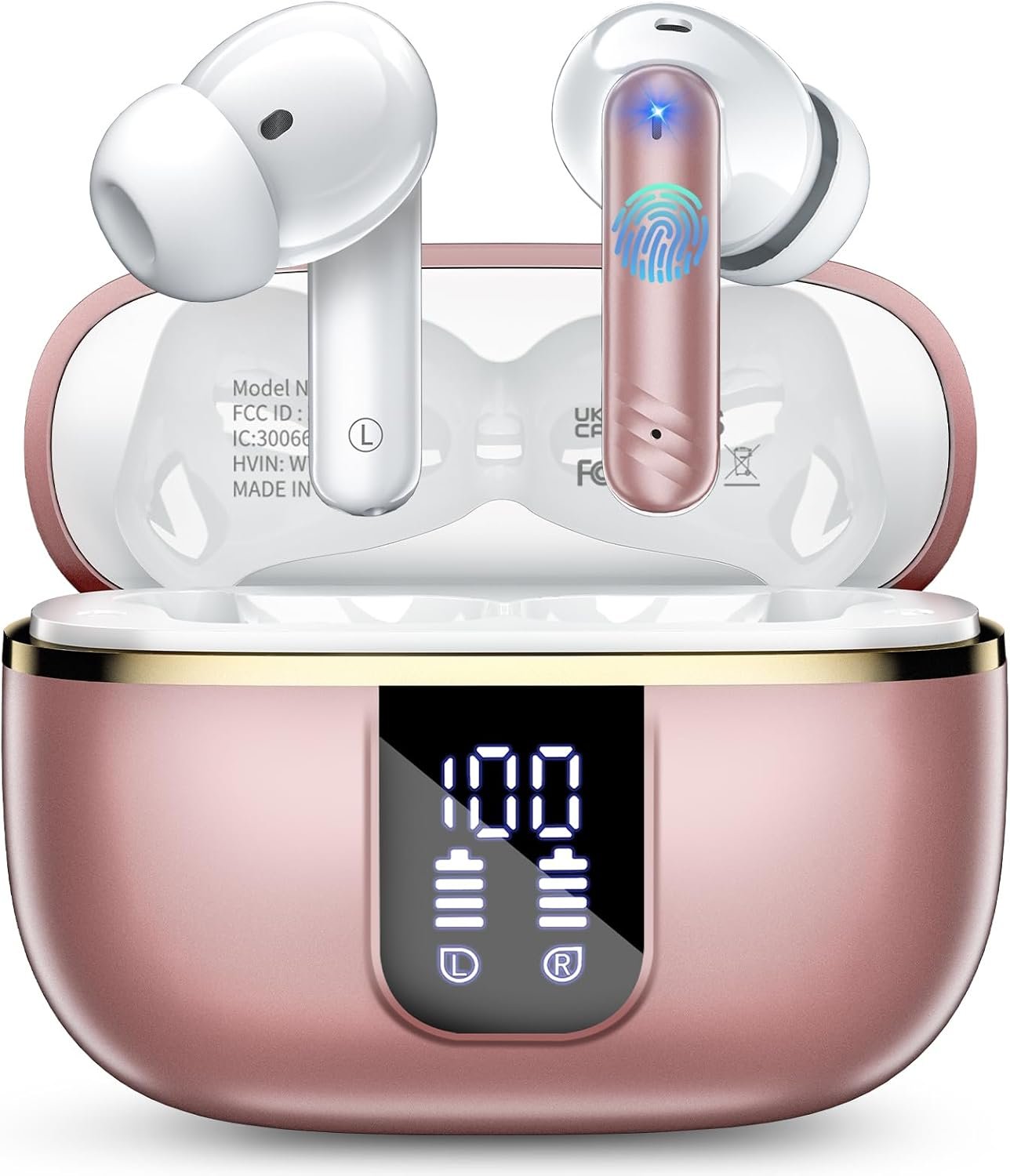 Wireless Earbuds, Bluetooth 5.4 Headphones with 4 Noise Cancelling Mic, 46H In-Ear Buds with 3D Bass Stereo Sound, Small Ears, LED Display, Calls Sports Workout, IPX7 Earphones for Android iOS, Pink