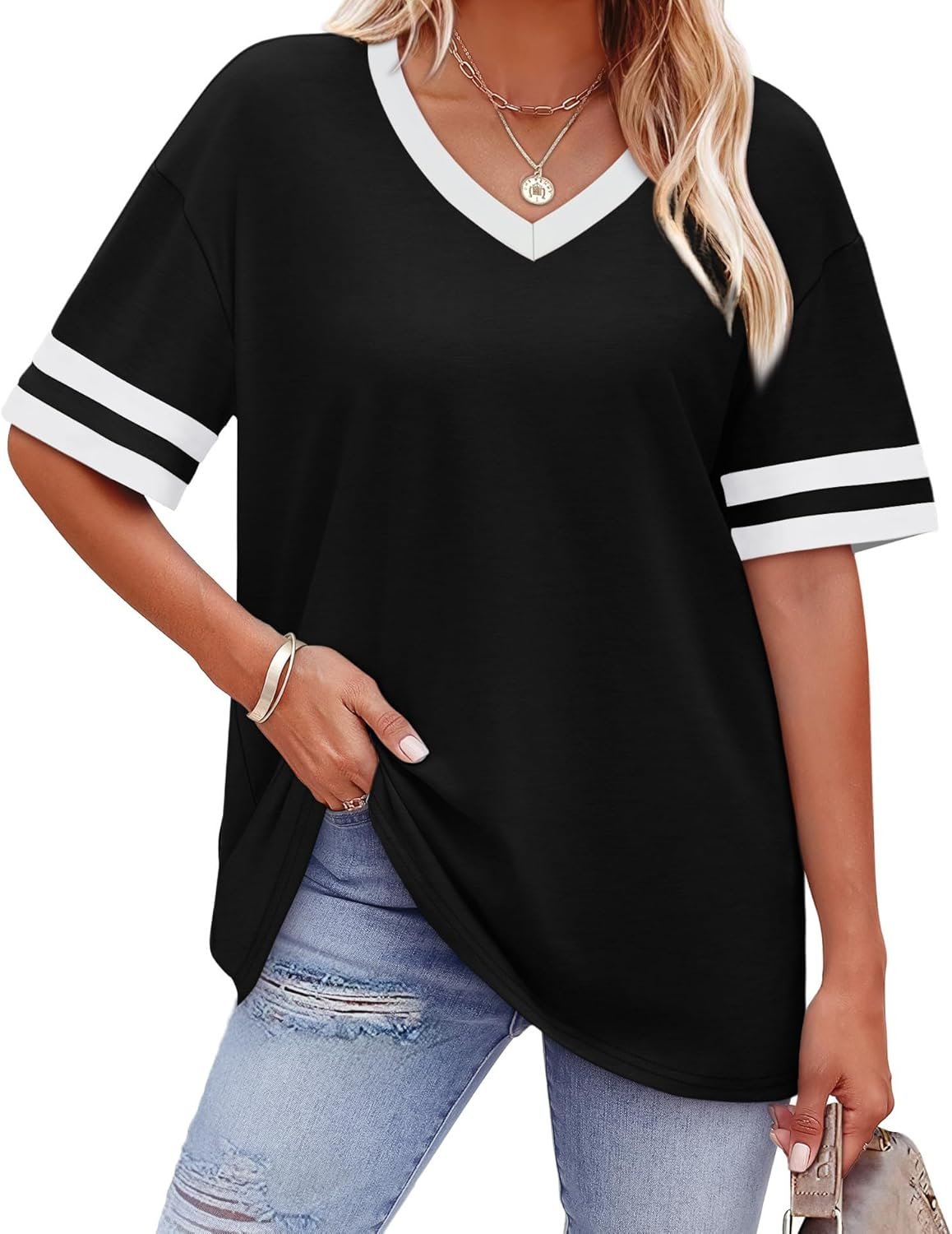 WIHOLL Womens T Shirts Loose Fit Short Sleeve Tees V Neck Color Block Summer Tops 2026 Fashion S-4XL