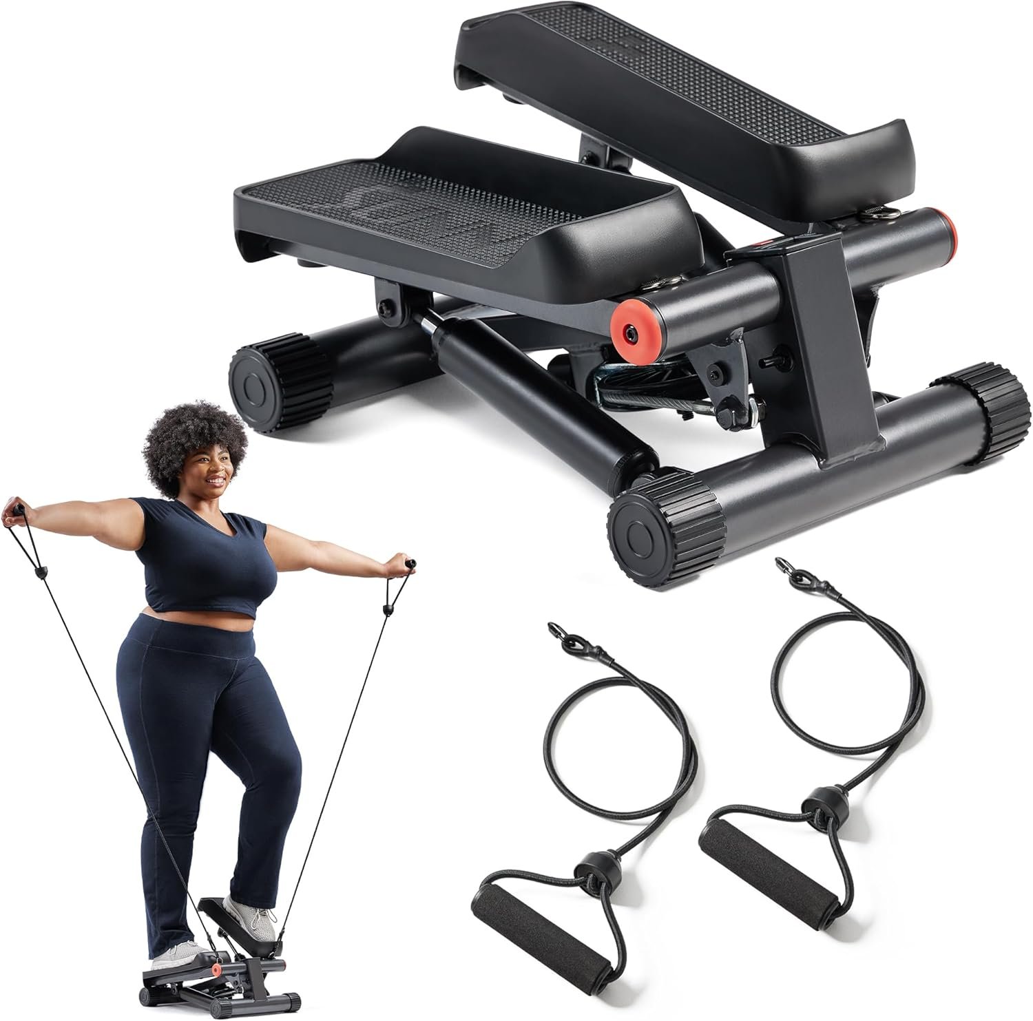 Sunny Health & Fitness Mini Steppers for Exercise at Home, Stair Step Workout Machine with Resistance Bands, Full Body Cardio Equipment, Optional Free SunnyFit App Connection Smart Stepper