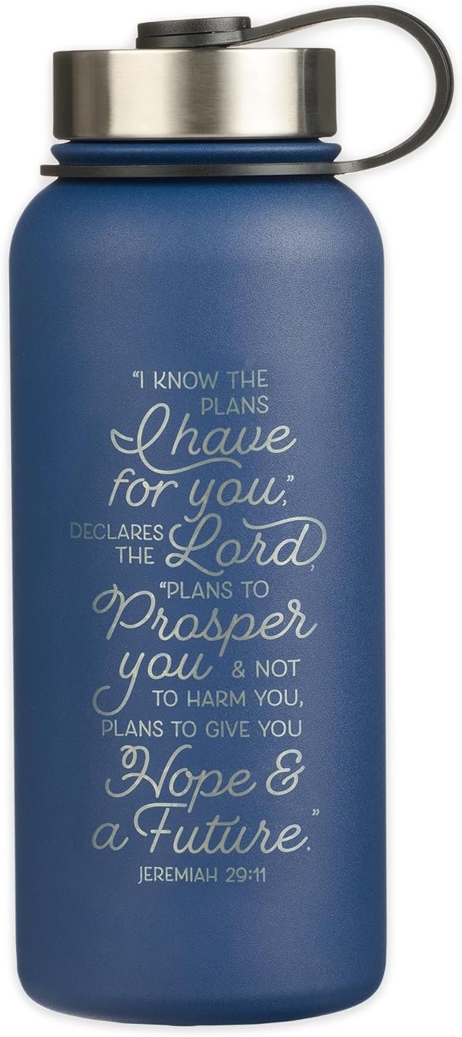 Christian Art Gifts Large Stainless Steel Double Wall Vacuum Sealed Insulated Water Bottle for Women, Men & Grads: I Know the Plans – Jer. 29:11 Inspiring Bible Verse, Leak/Spill-proof, Blue, 32 oz.