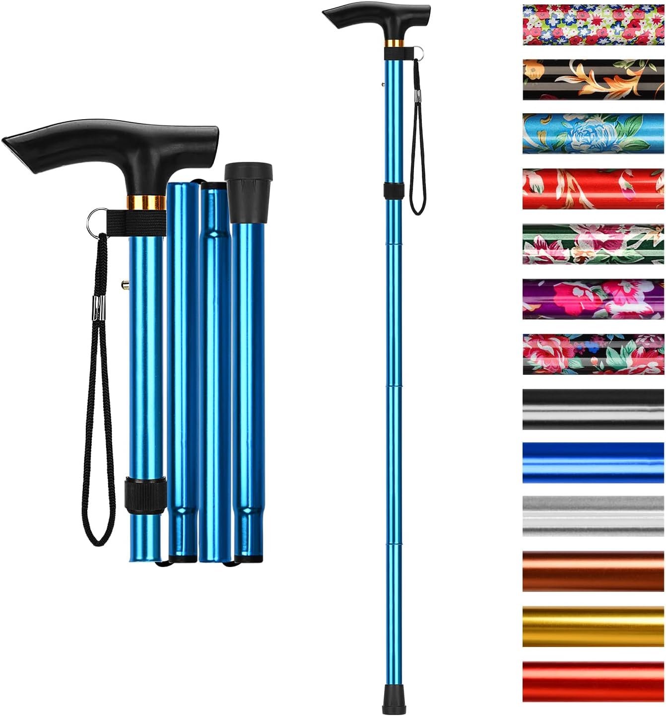 supregear Folding Cane, 5-Level Adjustable Height Walking Stick Lightweight Collapsible Portable Travel Cane with Wrist Strap and T Handle for Elderly Disabled Men Women
