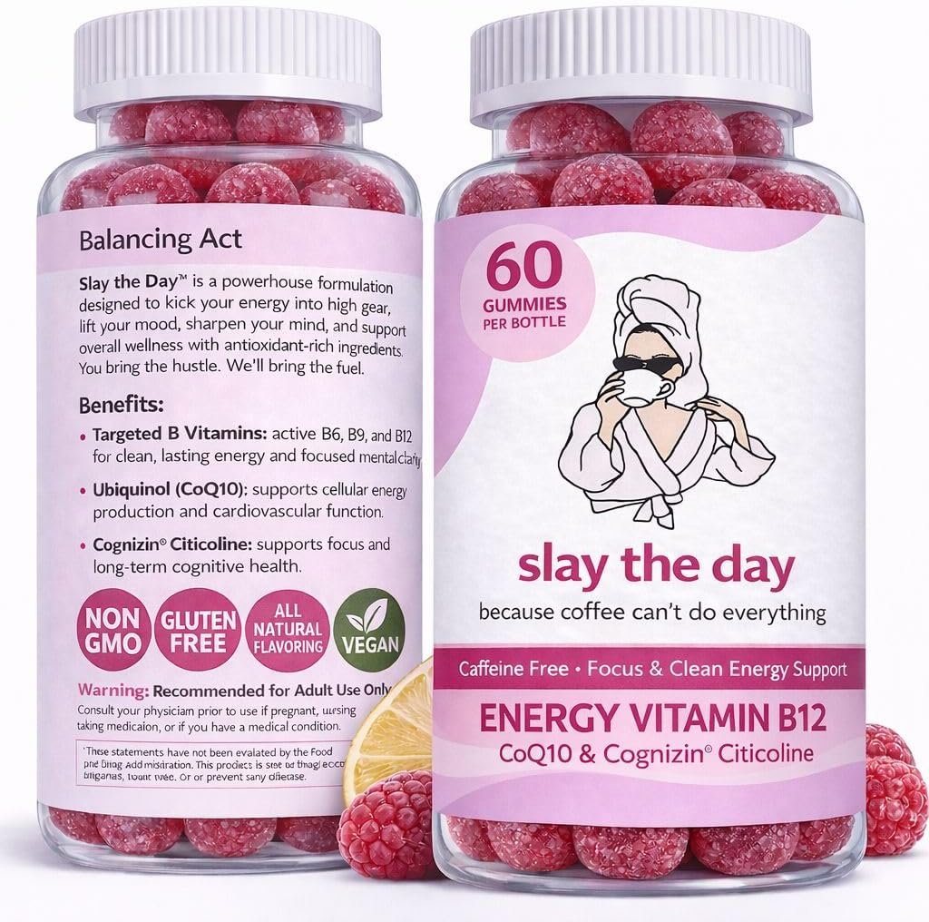 Balancing Act – Slay The Day Energy Gummies – Caffeine Free Focus & Clean Energy Support – with Vitamin B12, CoQ10 & Cognizin® Citicoline – Raspberry Lemonade – 60 Count (30 Day Supply)